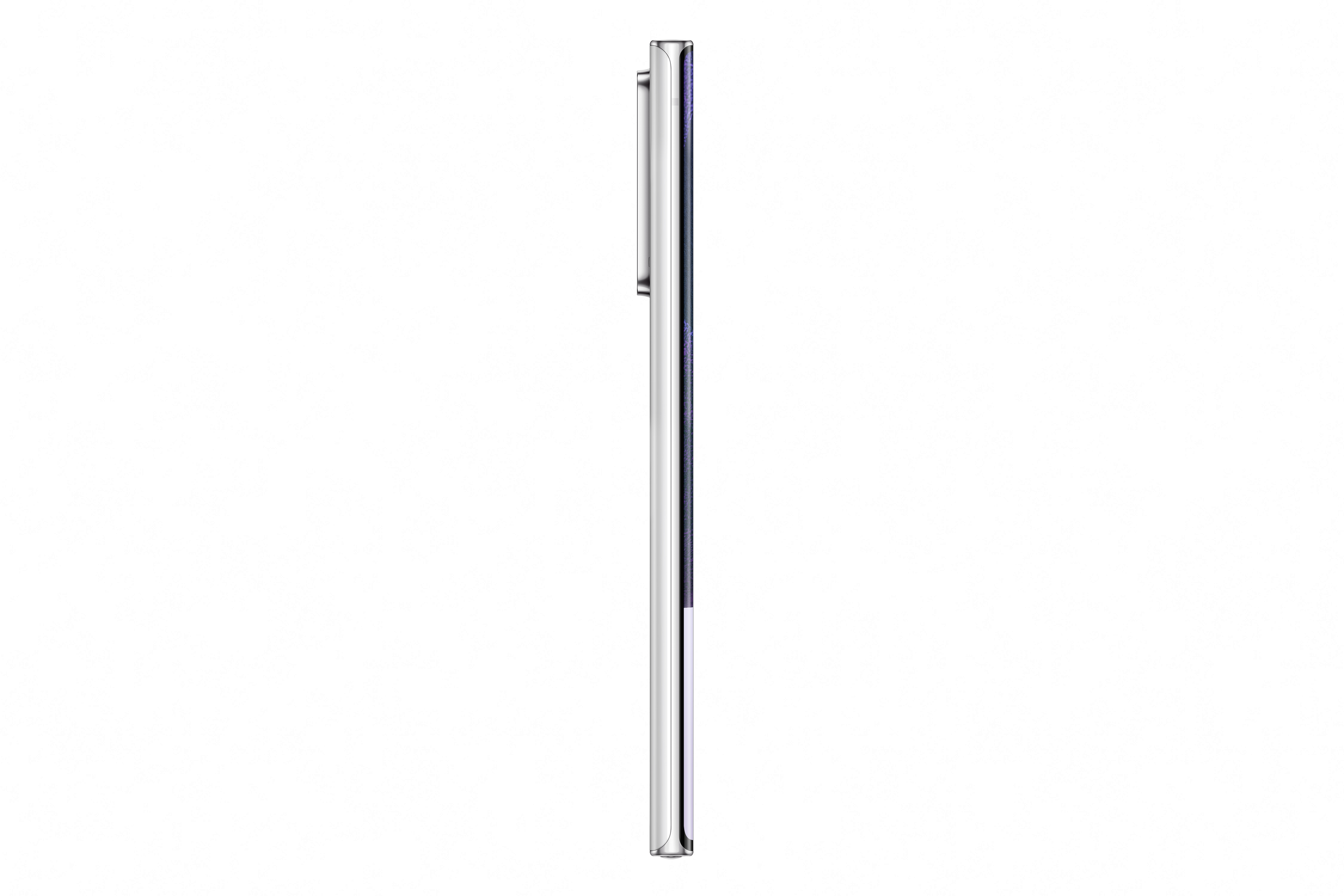 Seitenansicht eines silbernen Smartphones. Weißer Hintergrund.