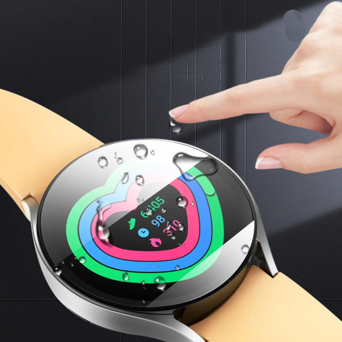 Smartwatch mit Wassertropfen und einem Finger, der es berührt. Der Bildschirm zeigt Gesundheitsdaten. Schwarzer Hintergrund.