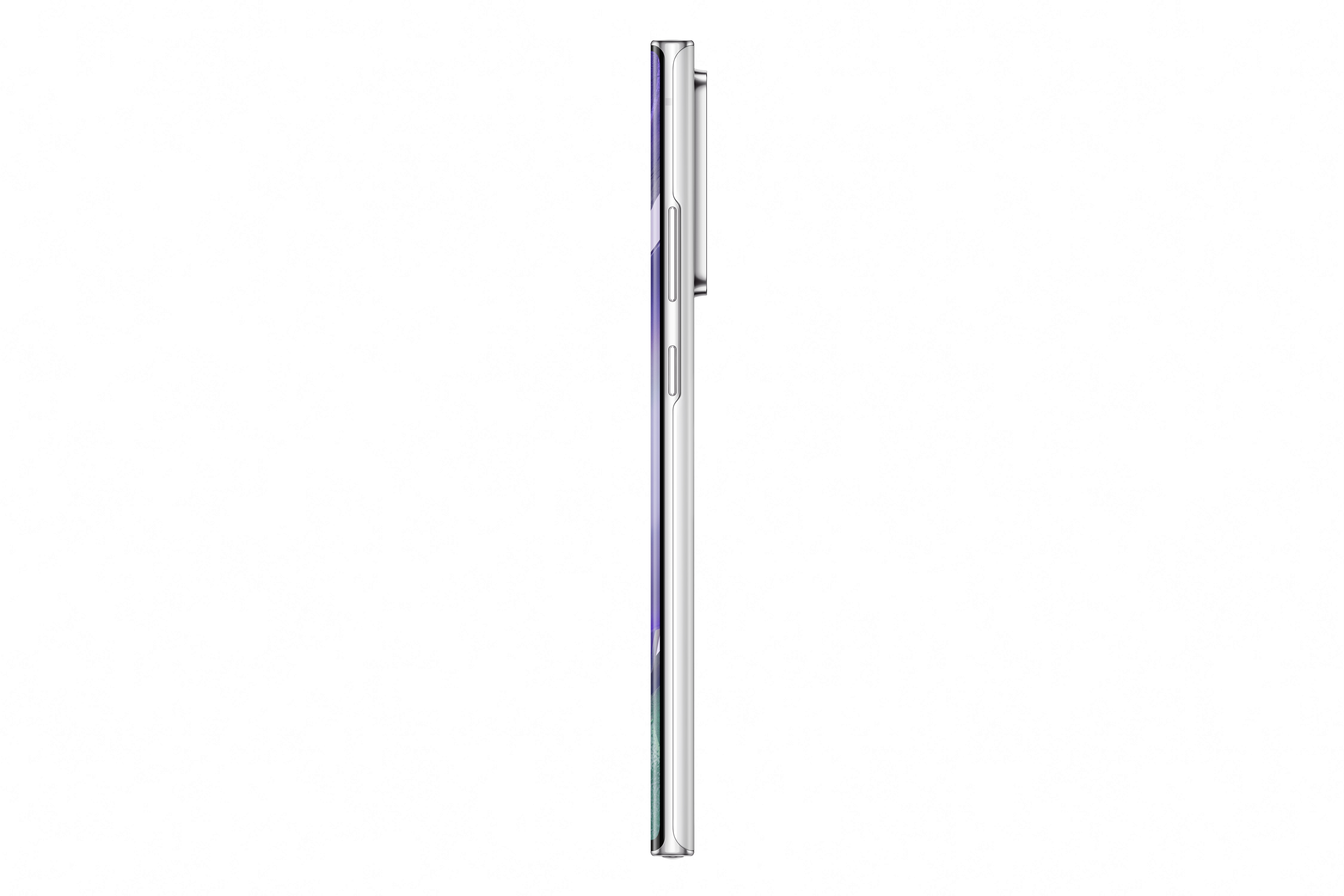 Seitenansicht eines silbernen Smartphones auf weißem Hintergrund.