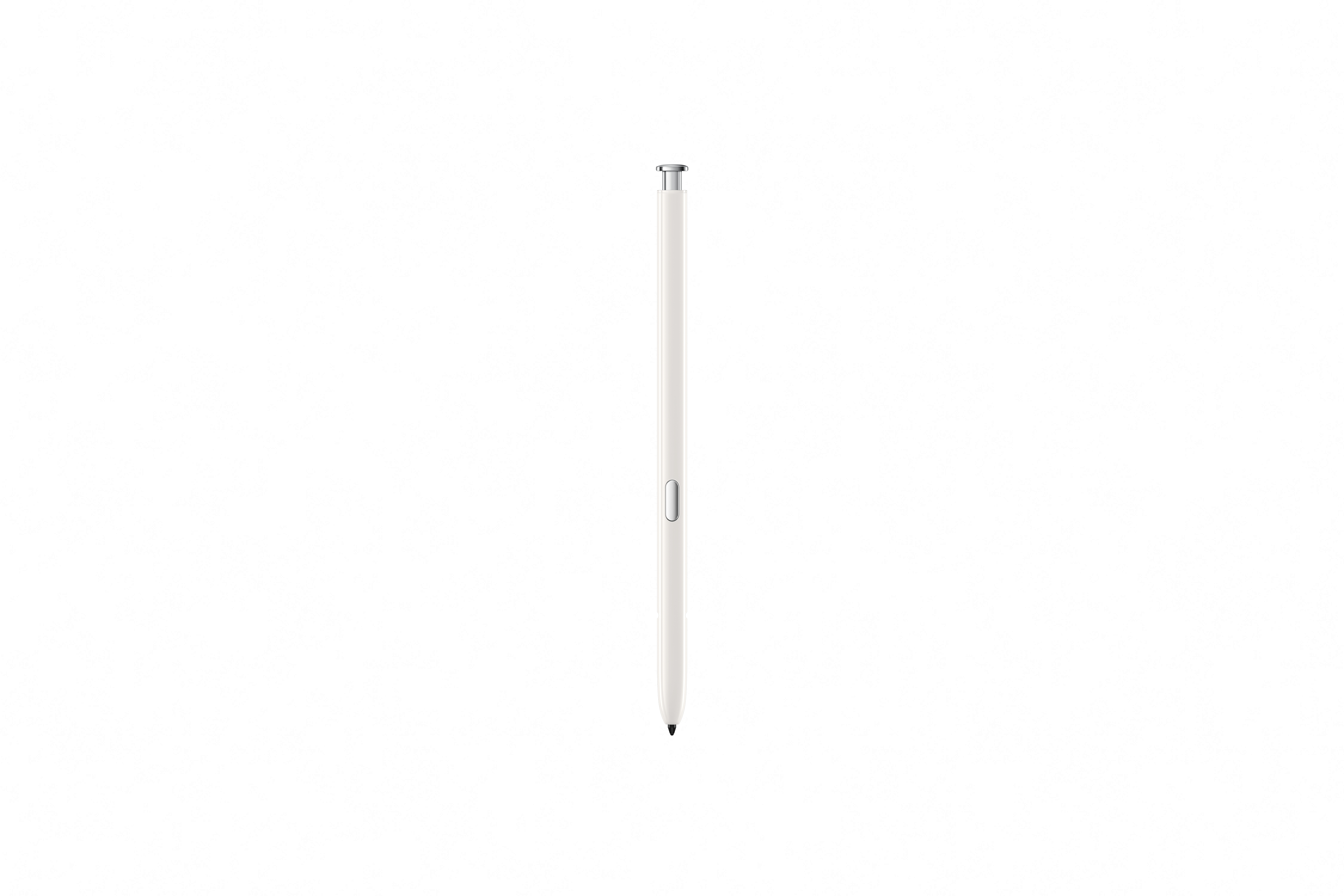 Weißer Stift, gerade nach oben. Silberner Aufsatz und schwarze Spitze. Einfaches Design vor weißem Hintergrund.