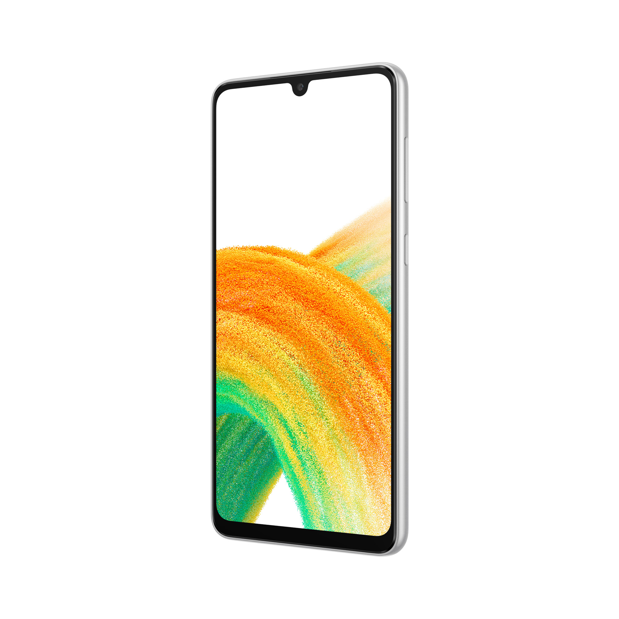 Silbernes Telefon mit farbenfrohem Display, das ein regenbogenartiges Muster zeigt.