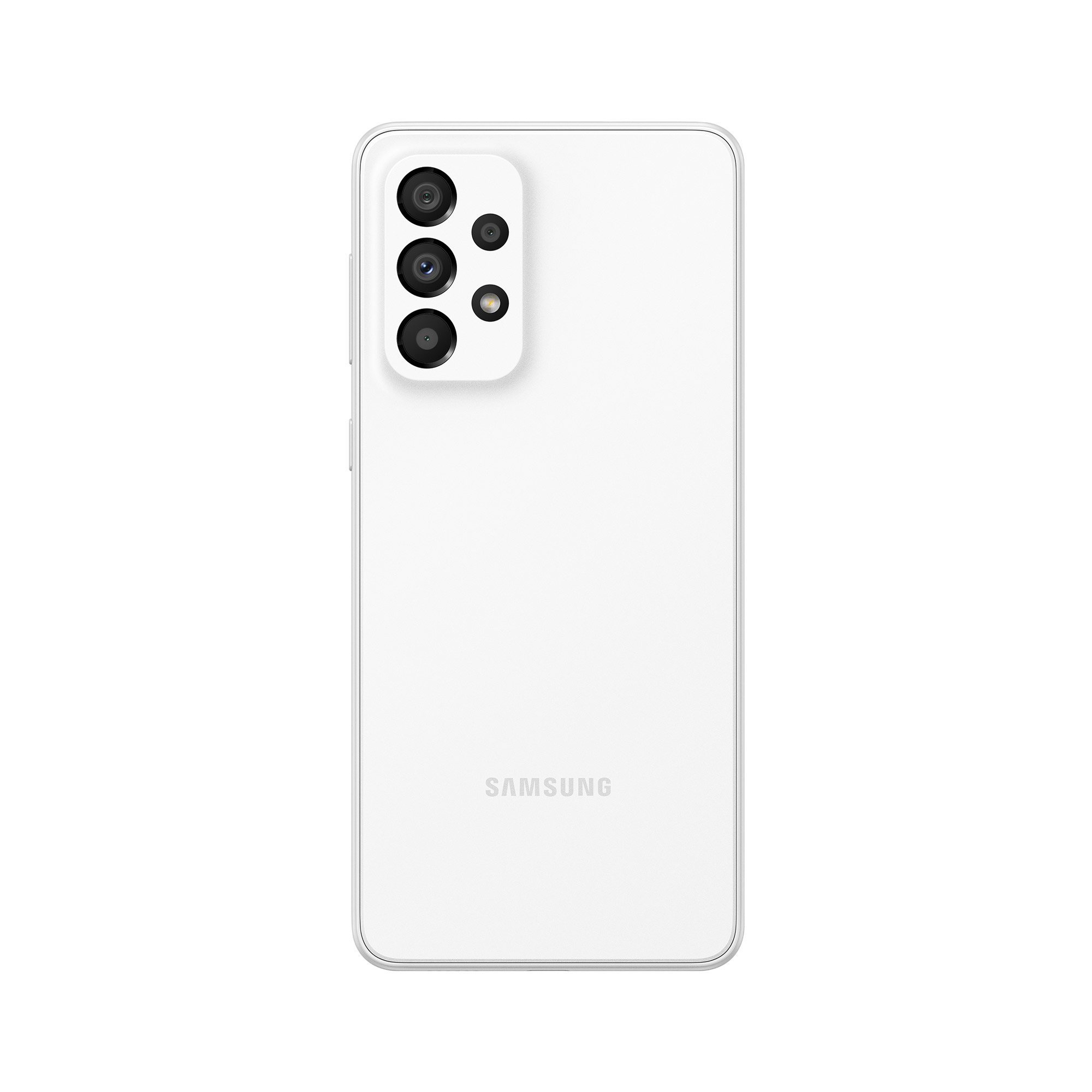 Weiße Samsung-Telefonrückseite. Drei Kameras und Blitz sind sichtbar.
