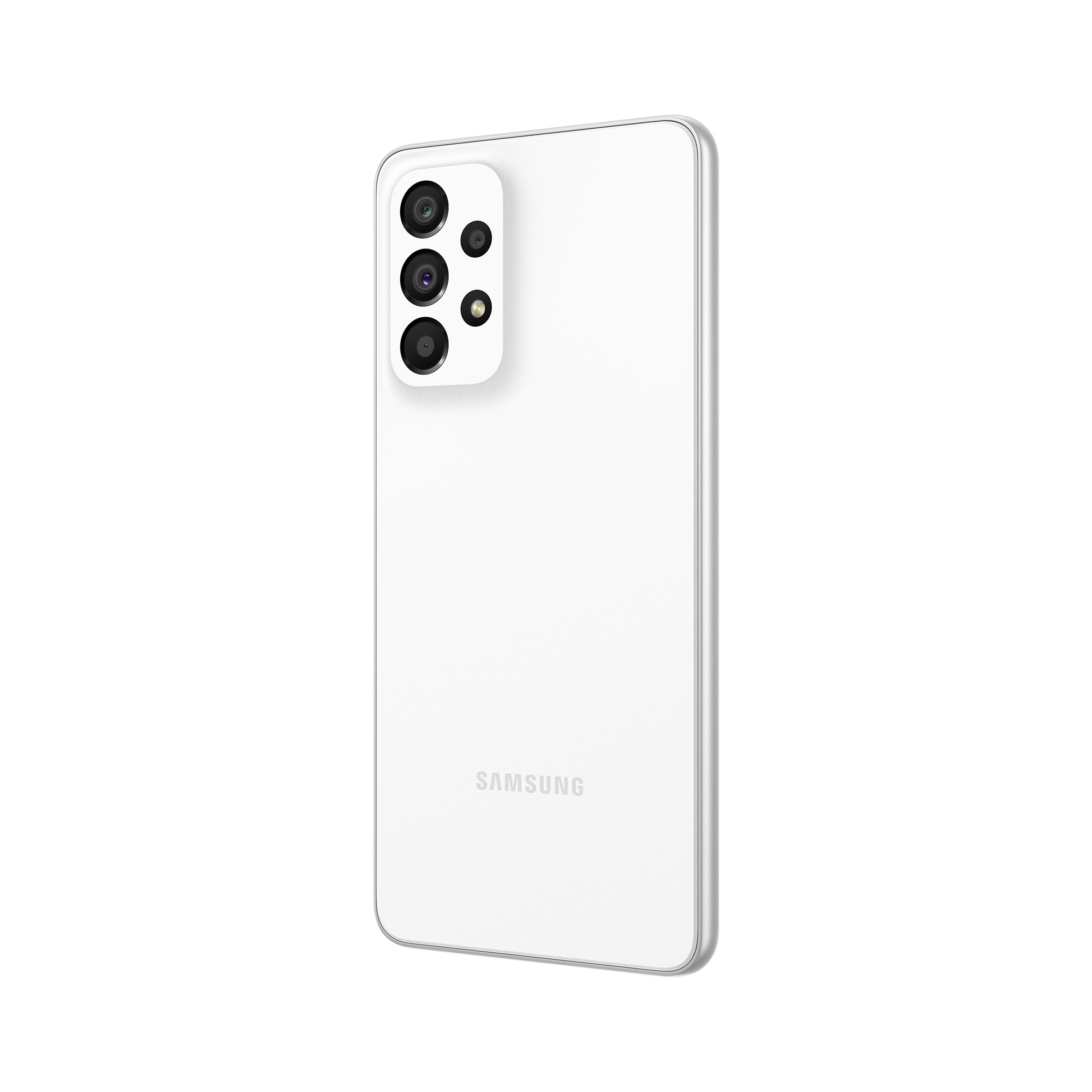 Die Rückseite eines weißen Samsung-Telefons mit drei vertikal ausgerichteten Kameras. Das Samsung-Logo ist unten.