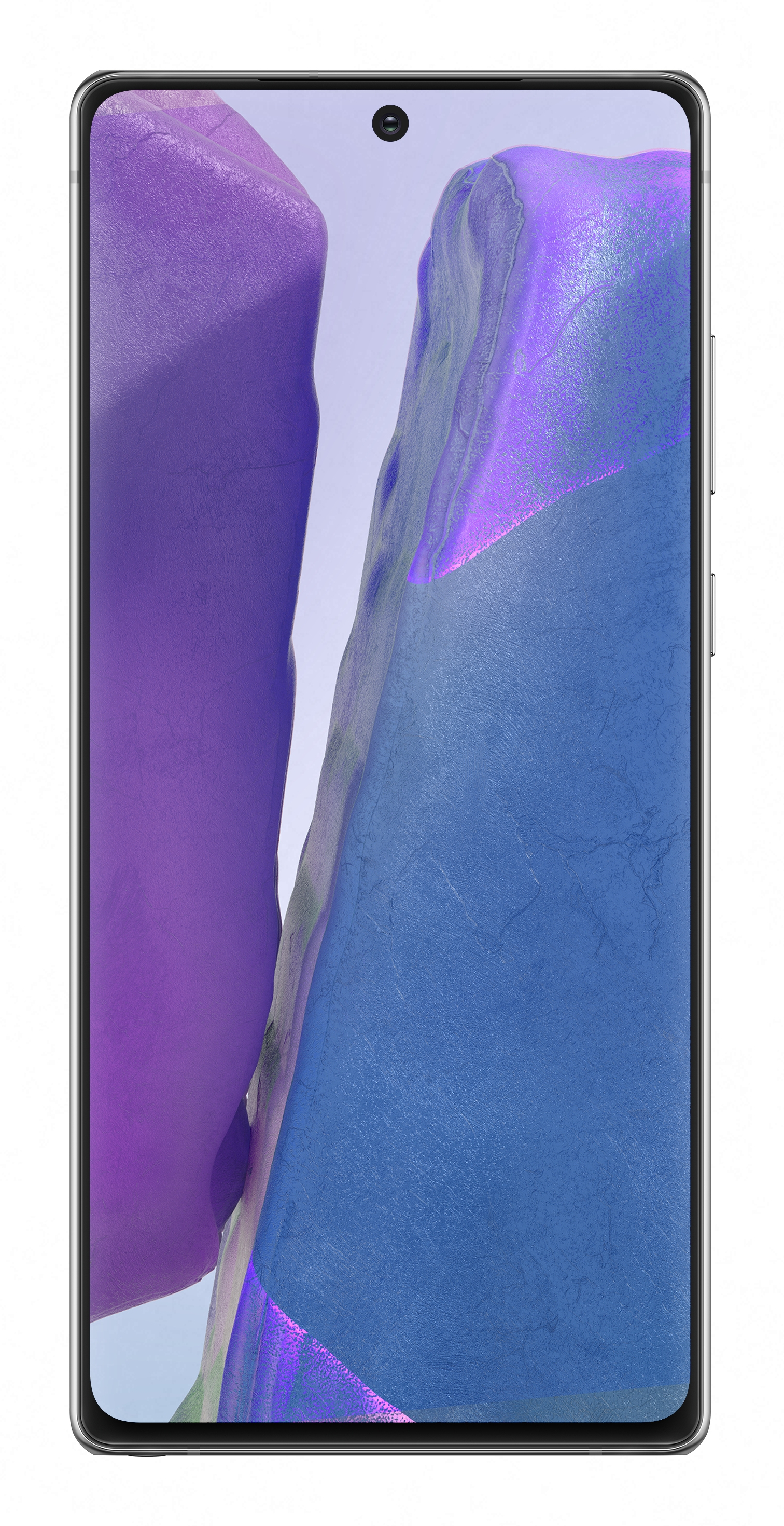 Telefoon met levendige paarse en blauwe abstracte achtergrond. Telefoon is zilver.