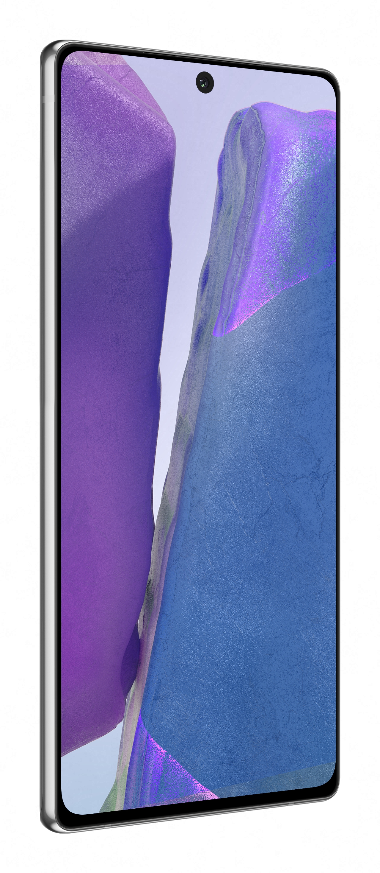 Smartphone onder een hoek, met paarse en blauwe abstracte vormen op het scherm. Zilveren randen.