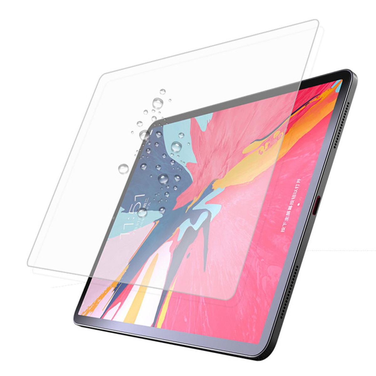 Tablet met een heldere schermbeschermer, waterdruppels. Roze en blauw.