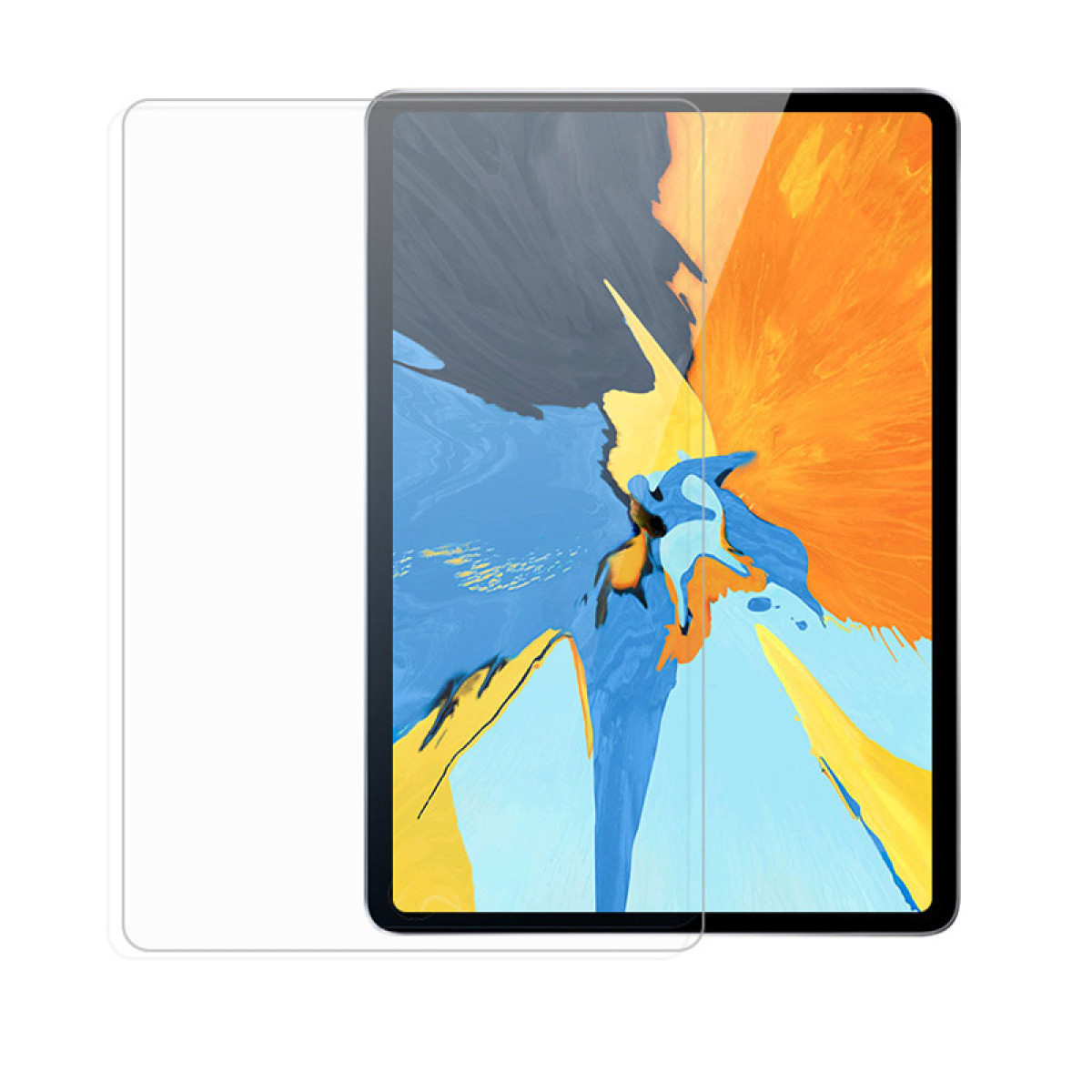 Tablet met een heldere schermbeschermer op het scherm, met een kleurrijke abstracte achtergrond.