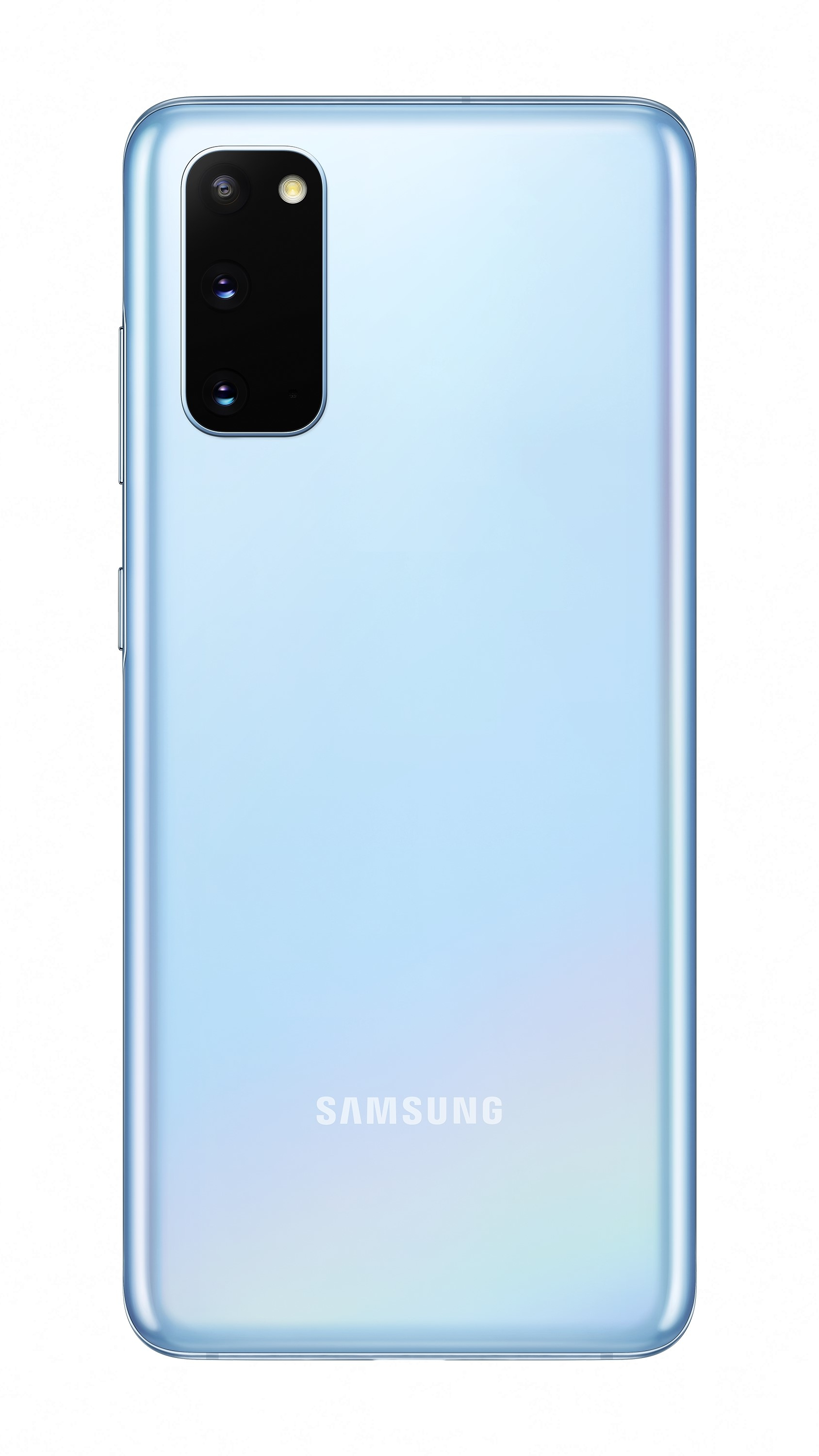 Açık mavi Samsung telefonun arkası, kamera dizisi ve Samsung logosu, beyaz arka plan.