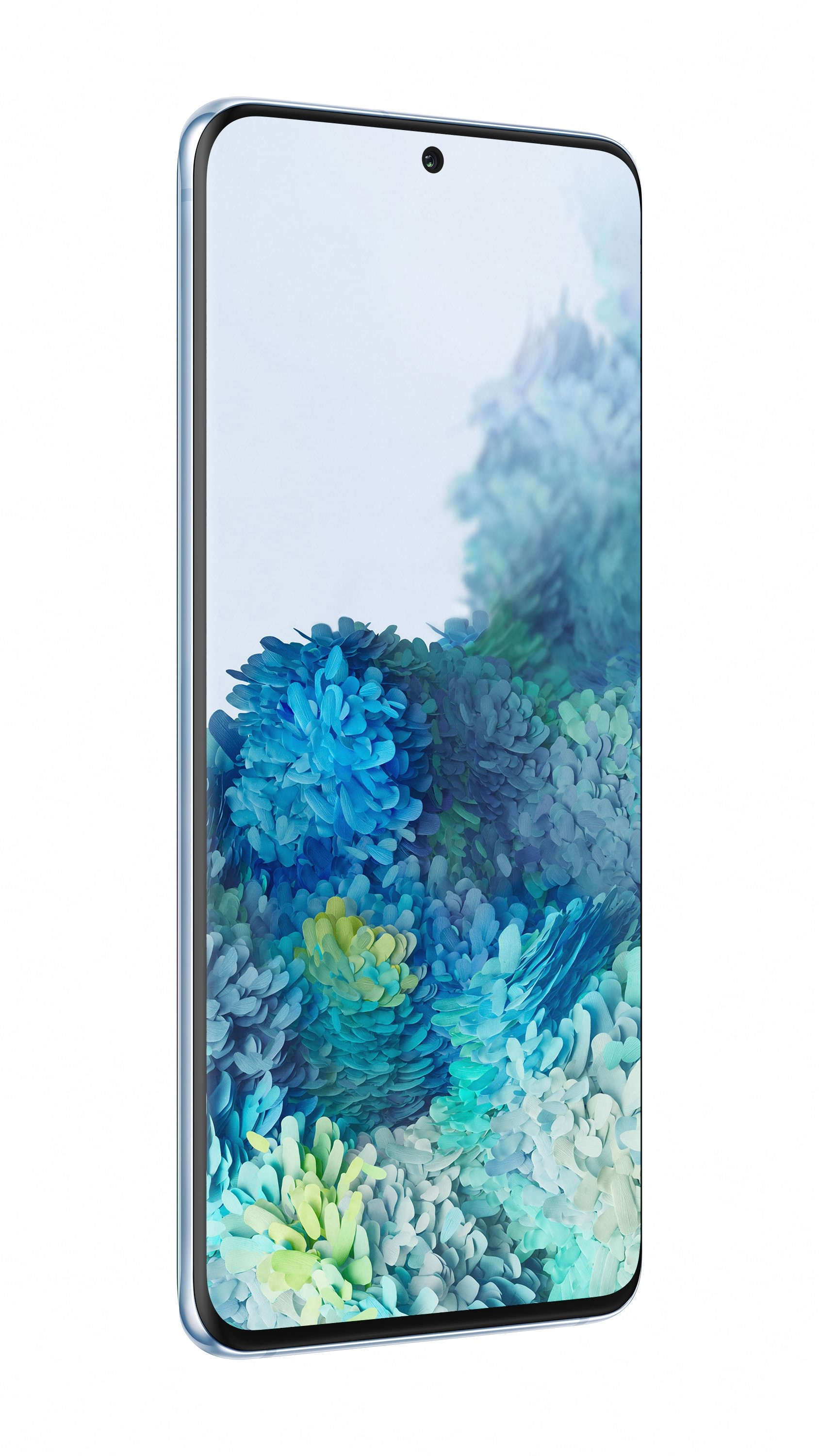 Mavi, beyaz ekranda mavi, çiçek deseni gösteren telefon.
