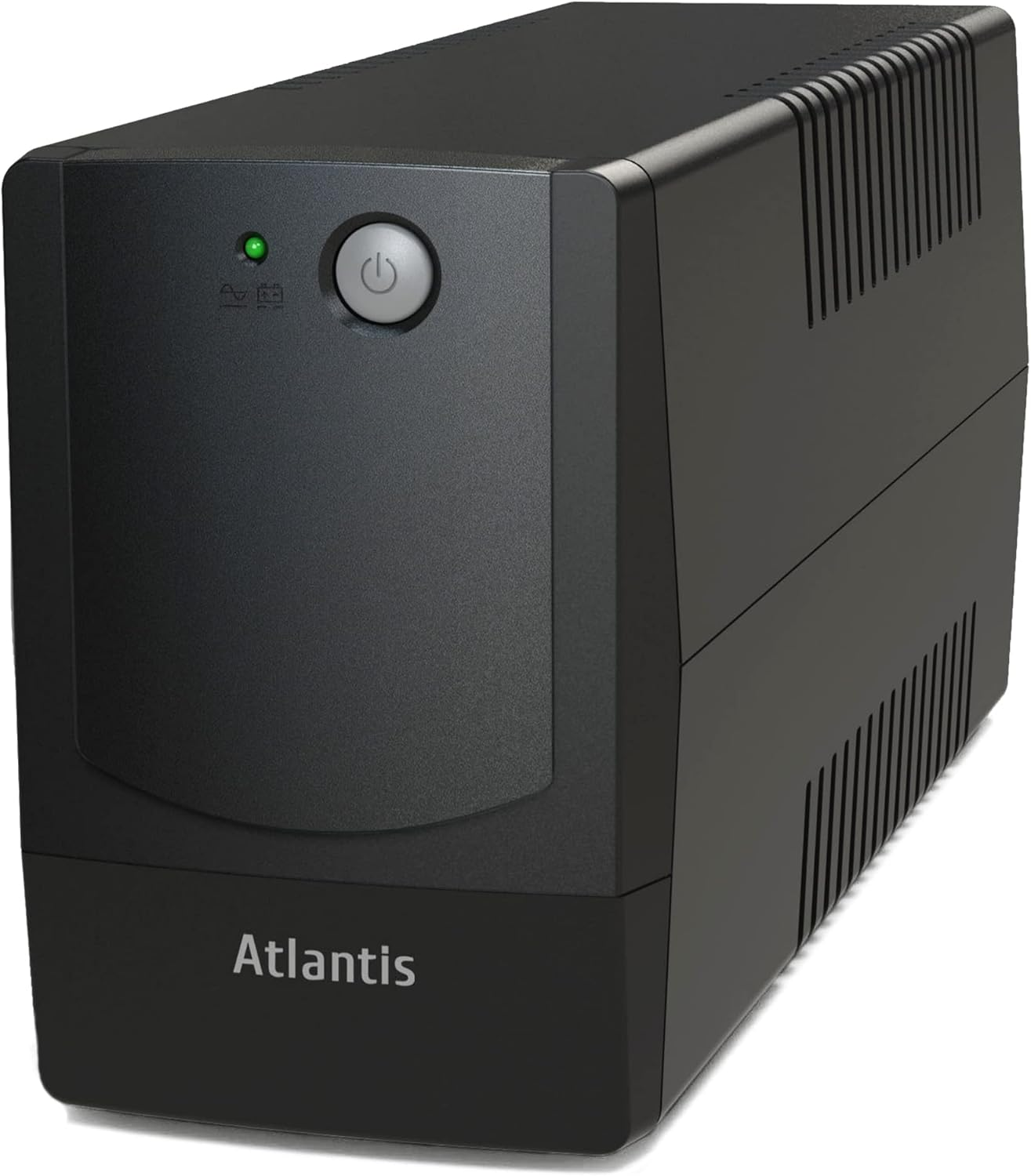 Un dispositivo UPS nero con una luce verde e il logo Atlantis.