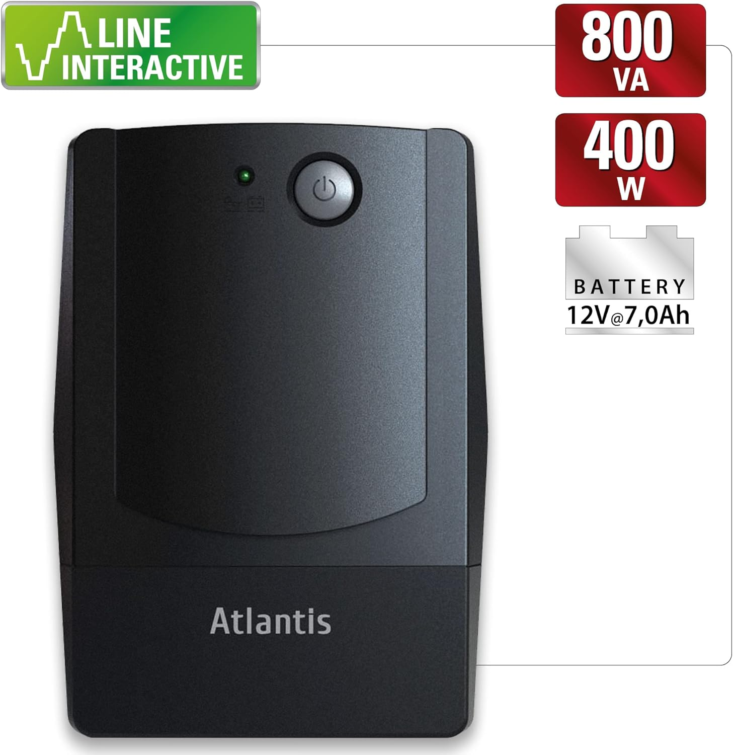 Dispositivo UPS Atlantis nero. Visualizza informazioni sull'alimentazione: 800VA, 400W e dettagli della batteria.