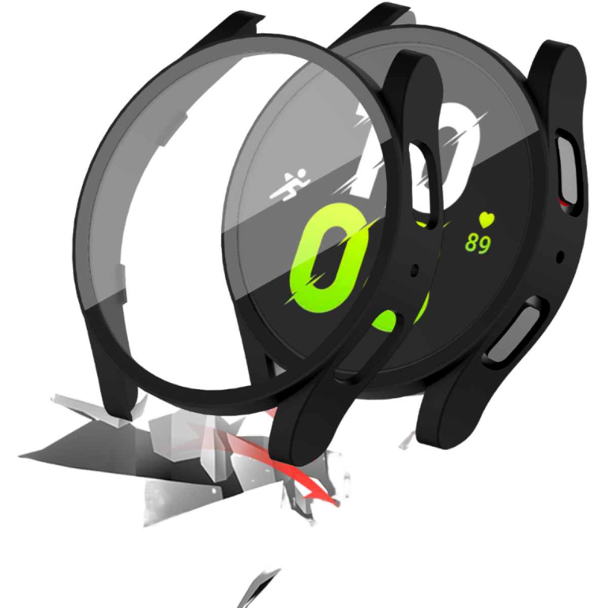 Smartwatch avec étui de protection et protecteur d'écran. Boîtier et montre noirs. Effet de verre brisé.