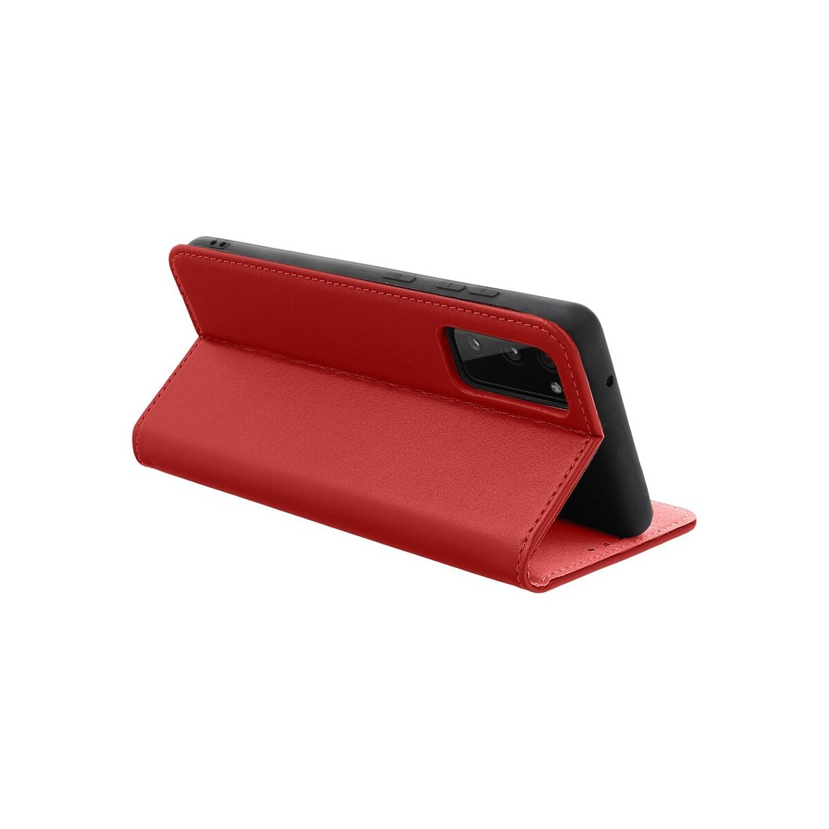 Eine rote Handyhülle mit einem Telefon darin, offen und gefaltet.