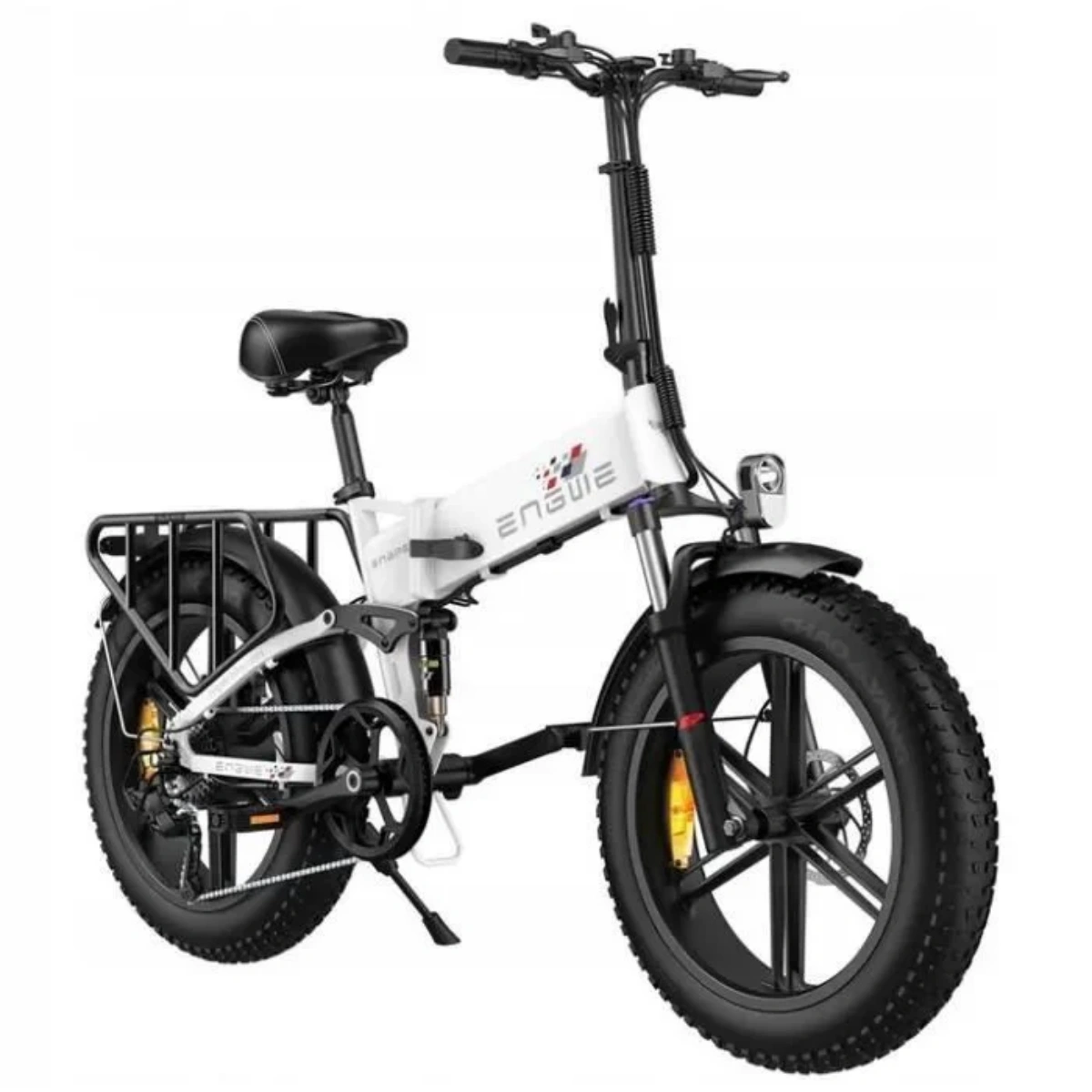 Bicicletta elettrica bianca e nera. Ha un portapacchi, un telaio piegato e pneumatici larghi.