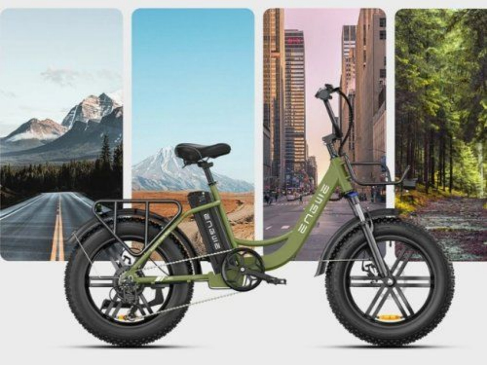 Bicicletta elettrica verde con pneumatici neri, montagne e skyline.