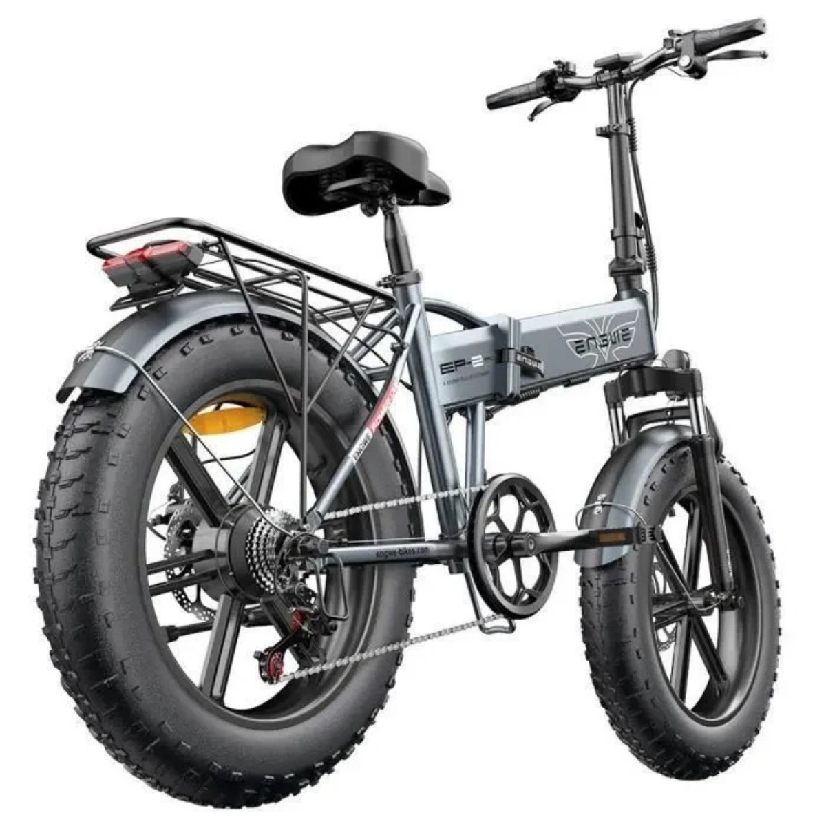 Una bici elettrica pieghevole grigia con sella e pneumatici neri. La bici ha un portapacchi e un pacco batteria.