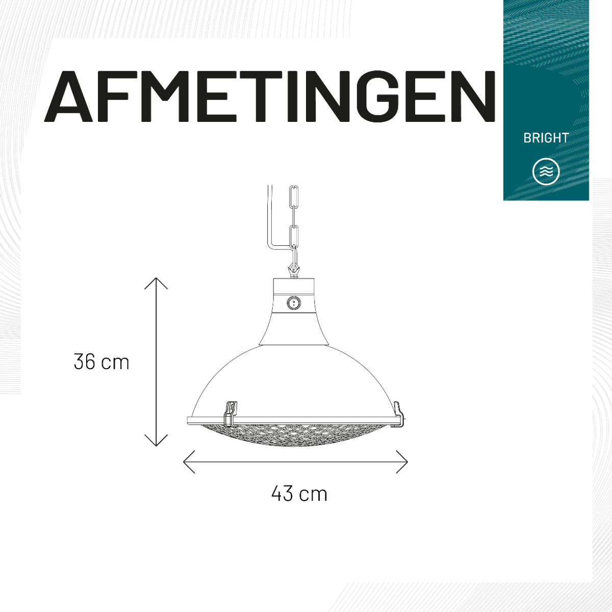Diagramm der Abmessungen einer Lampe: 36 cm hoch und 43 cm breit. Weißer Hintergrund.