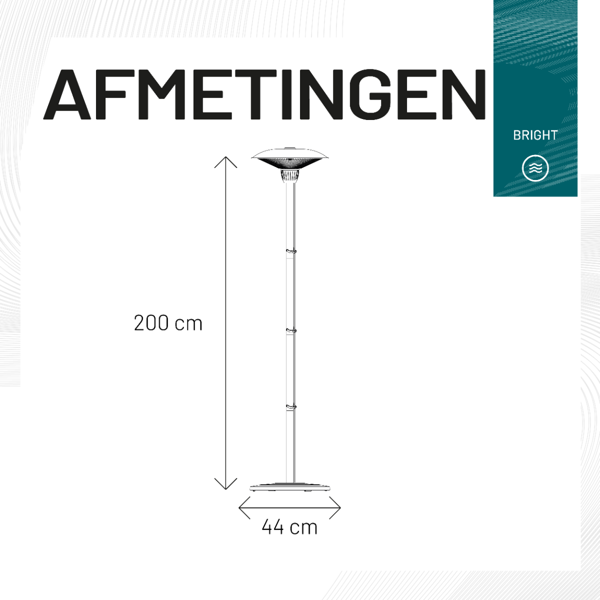 Lijntekening van een hoge, slanke, vrijstaande buitenkachel, met afmetingen.