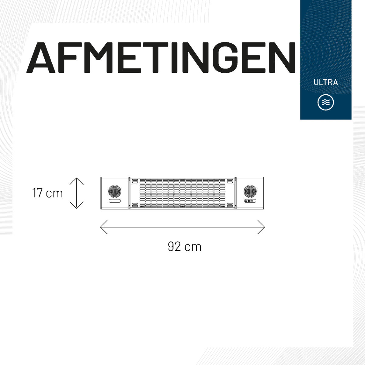 A schematic showing a rectangular panel with dimensions of 17 cm by 92 cm, labeled 'AFMETINGEN'.