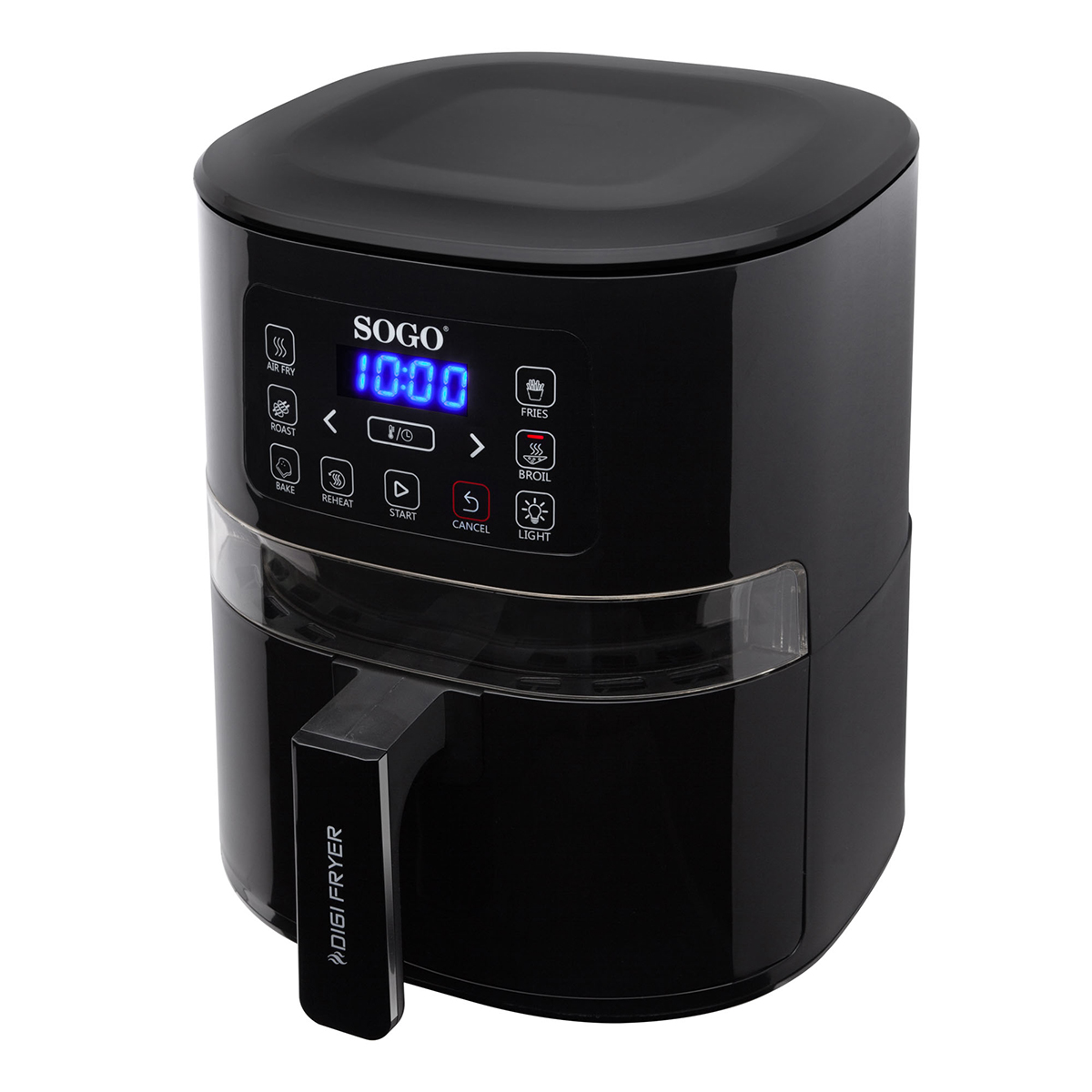 Freidora de aire negra con pantalla digital. Tiene botones de control y un asa. El texto 'DIGI FRYER' es visible.