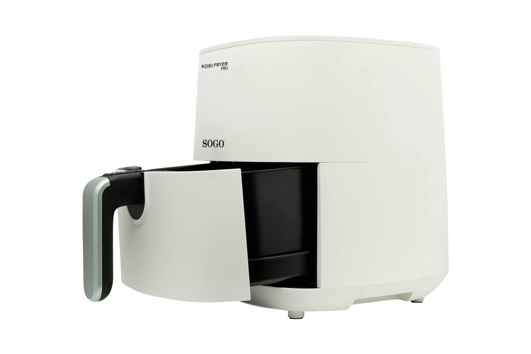 Friggitrice ad aria SOGO Digi Fryer Pro bianca, con cassetto aperto, sfondo bianco.