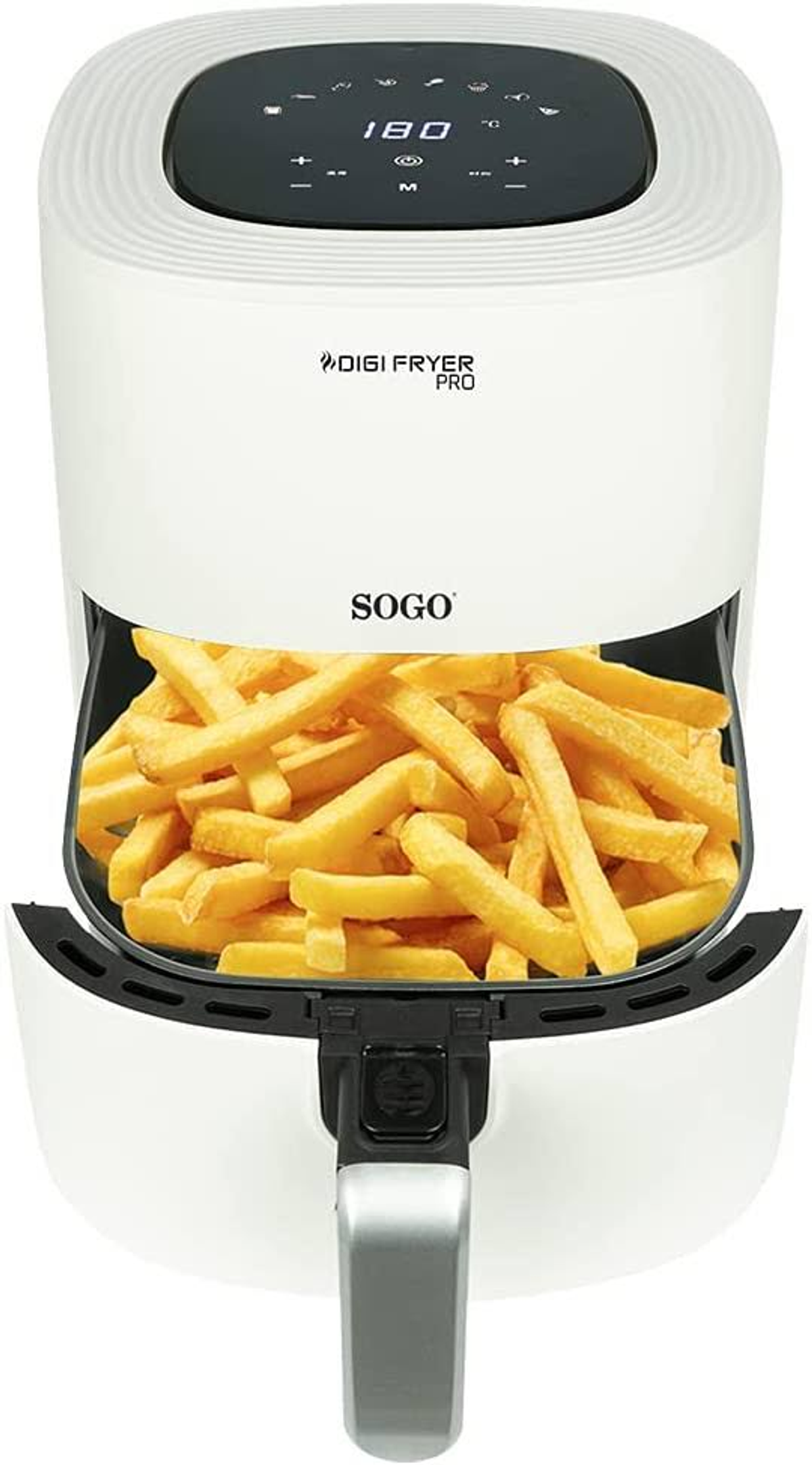 Friggitrice ad aria bianca con patatine fritte, display digitale nero sopra.