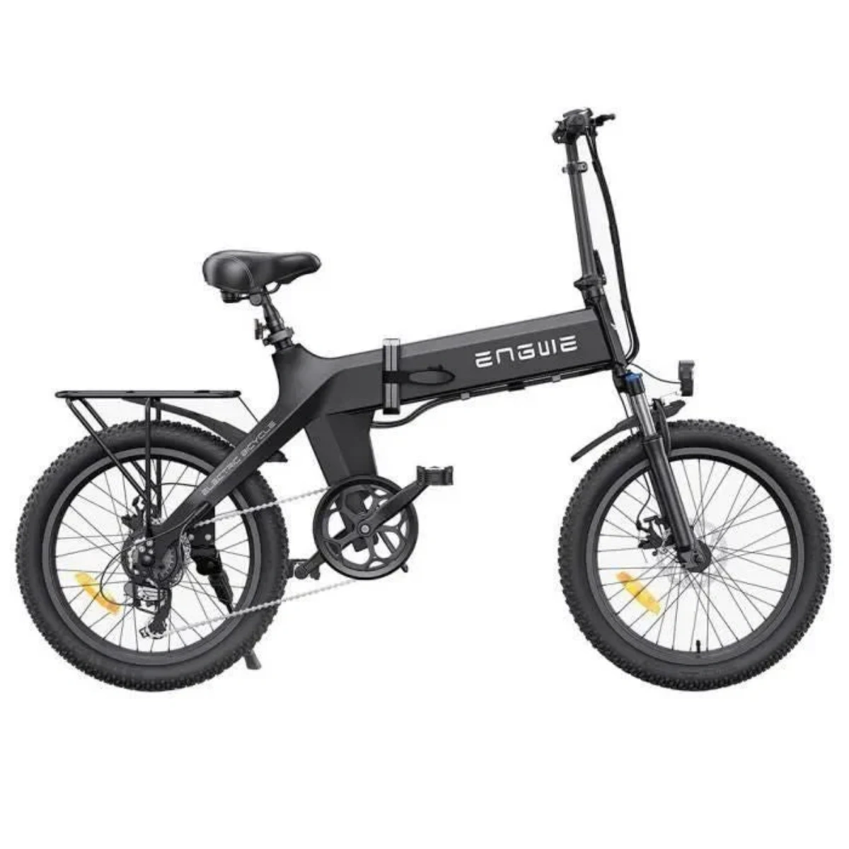 Bicicletta elettrica pieghevole nera, con pneumatici neri e portapacchi.