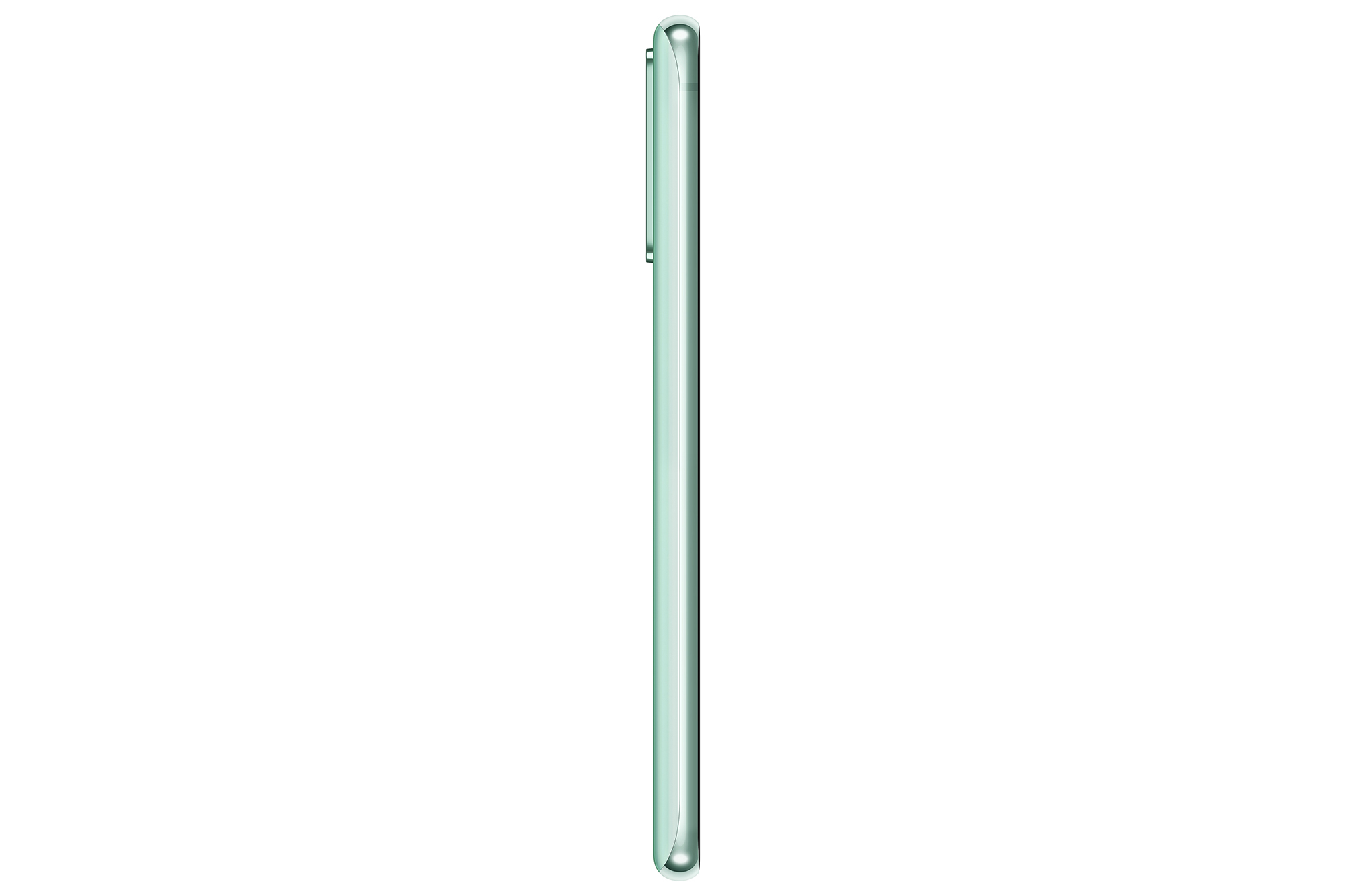 Mintgrünes Smartphone, Seitenansicht, auf weißem Hintergrund.