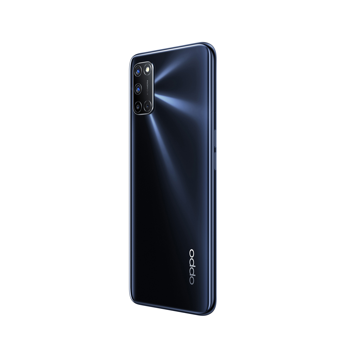 Rückseite eines dunkelblauen Oppo-Telefons, abgewinkelt, mit Kamera. Weißer Hintergrund.