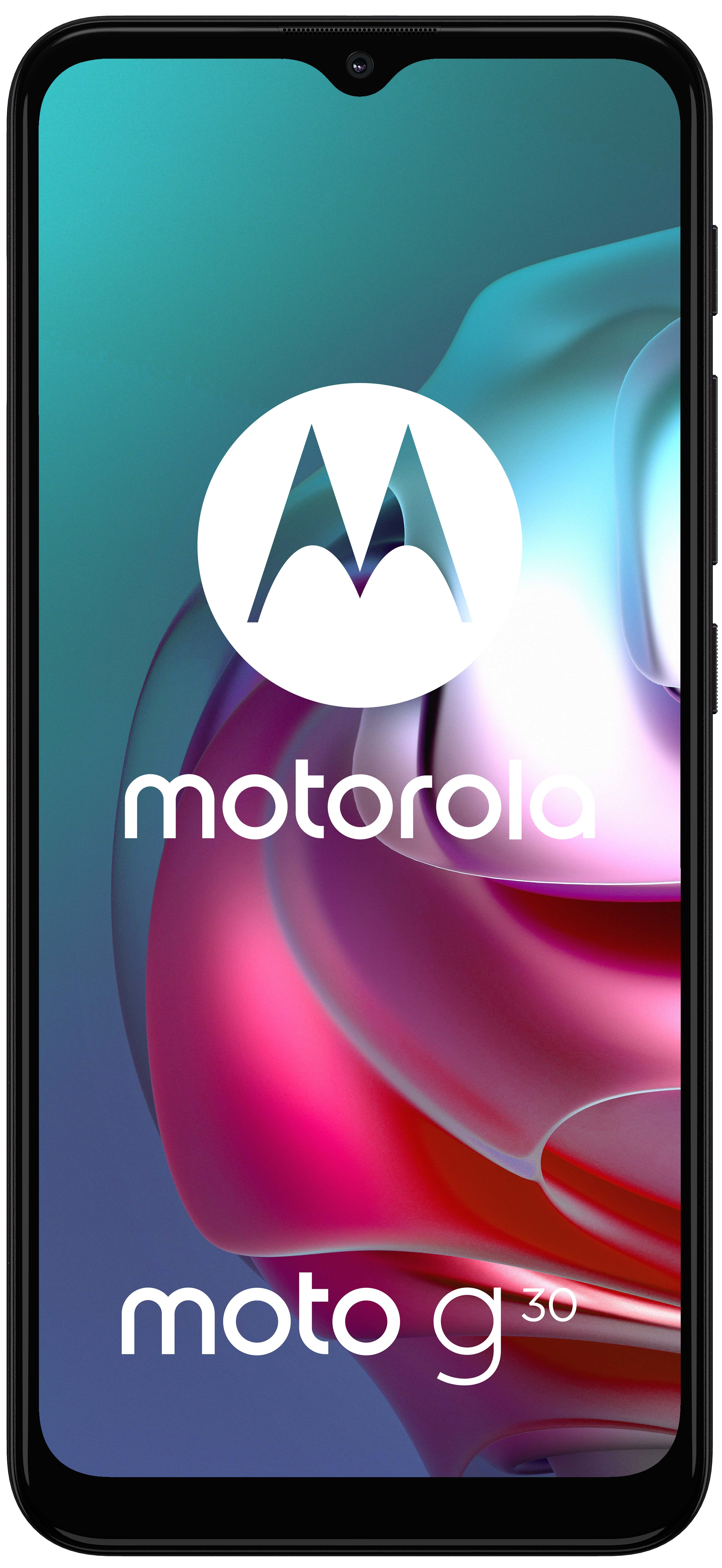 Smartphone Motorola moto g30, vista frontal, con un degradado rosa y rojo en la pantalla.