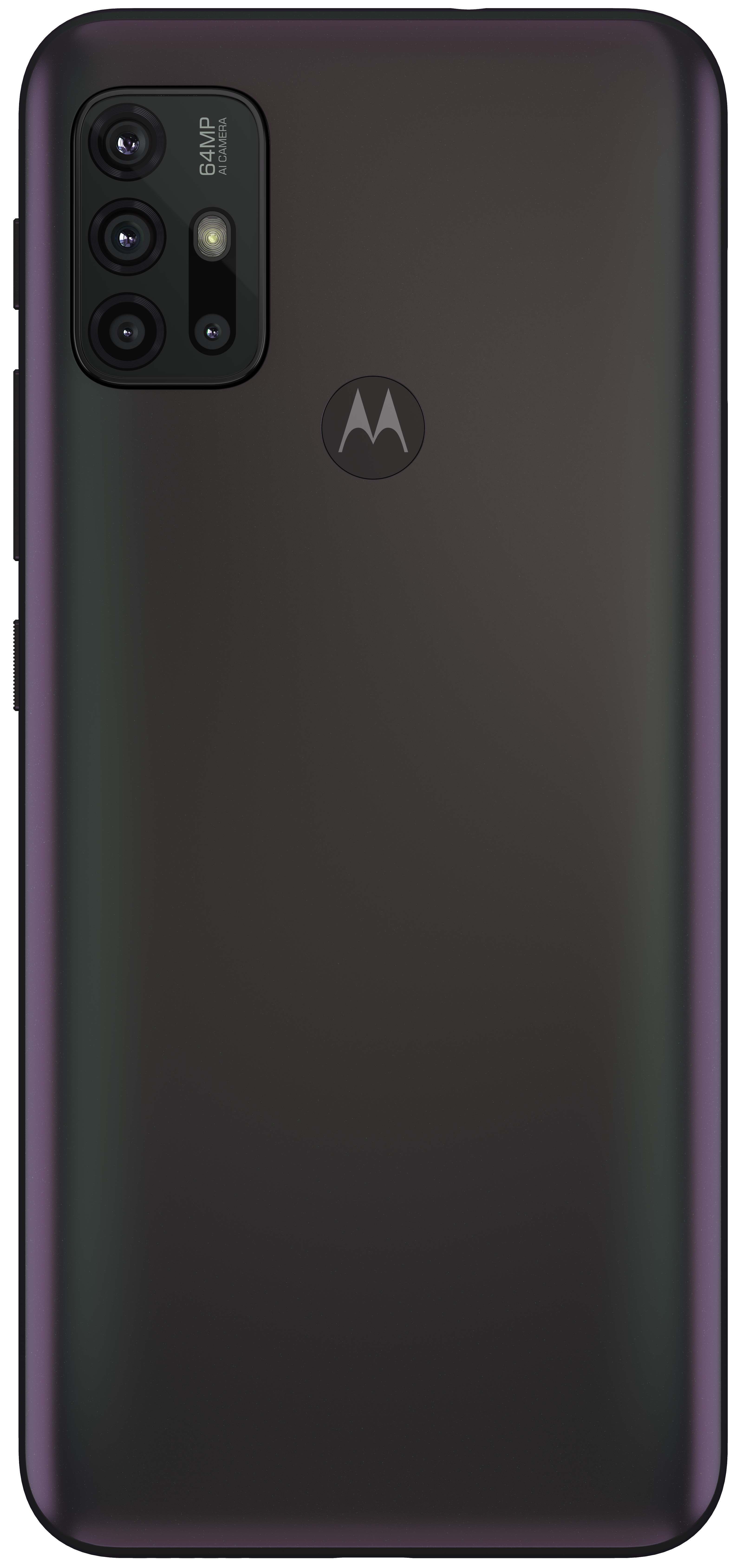 Parte trasera de un teléfono Motorola negro, con triple cámara y logo Motorola, sobre fondo blanco.