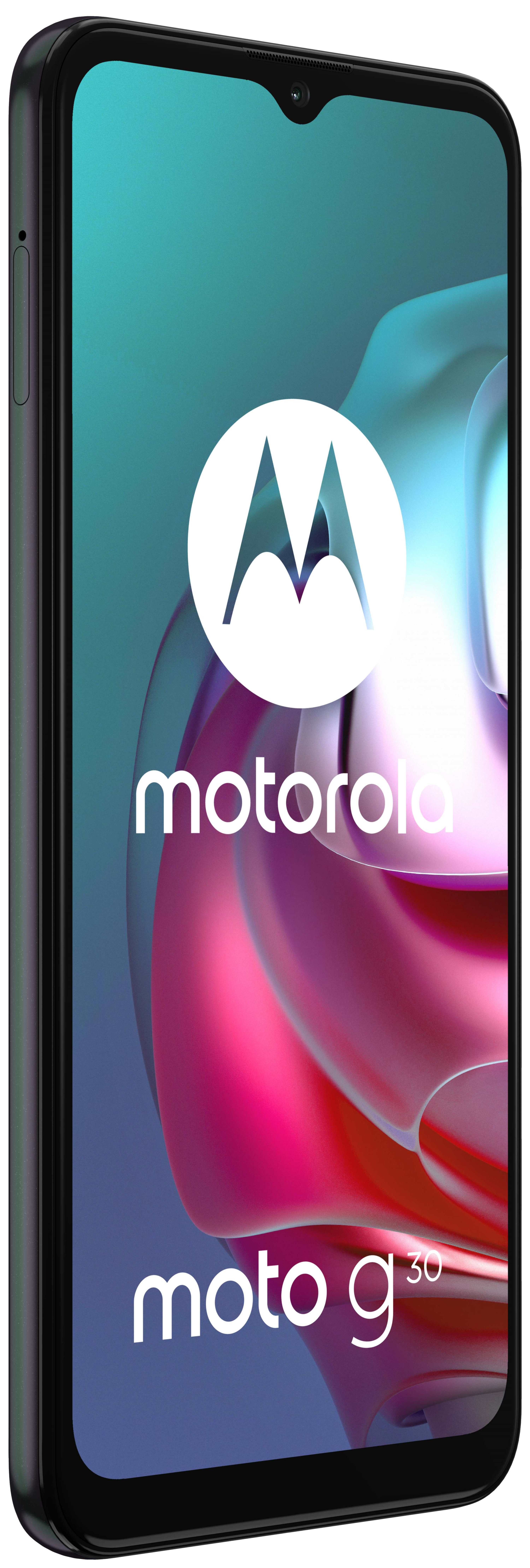 Smartphone negro, vista en ángulo. La pantalla muestra el logo de Motorola y el texto 'moto g³⁰'.