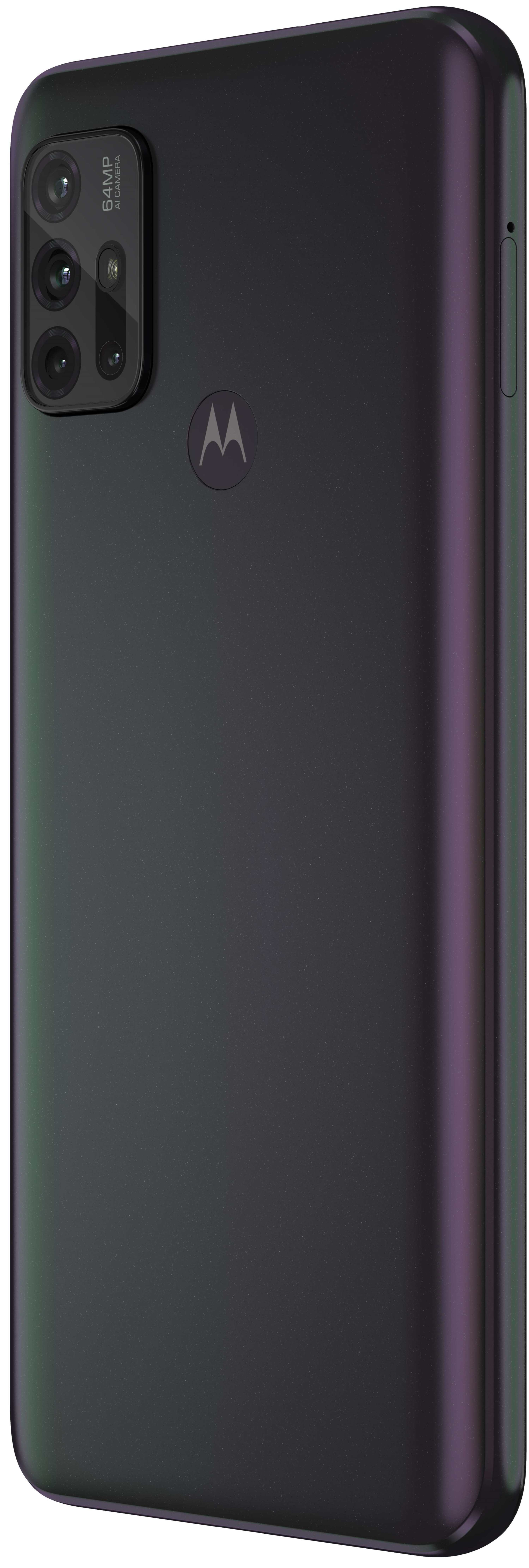 Parte trasera de teléfono gris oscuro, con logo Motorola. Múltiples cámaras. Degradado púrpura y verde. Fondo blanco.