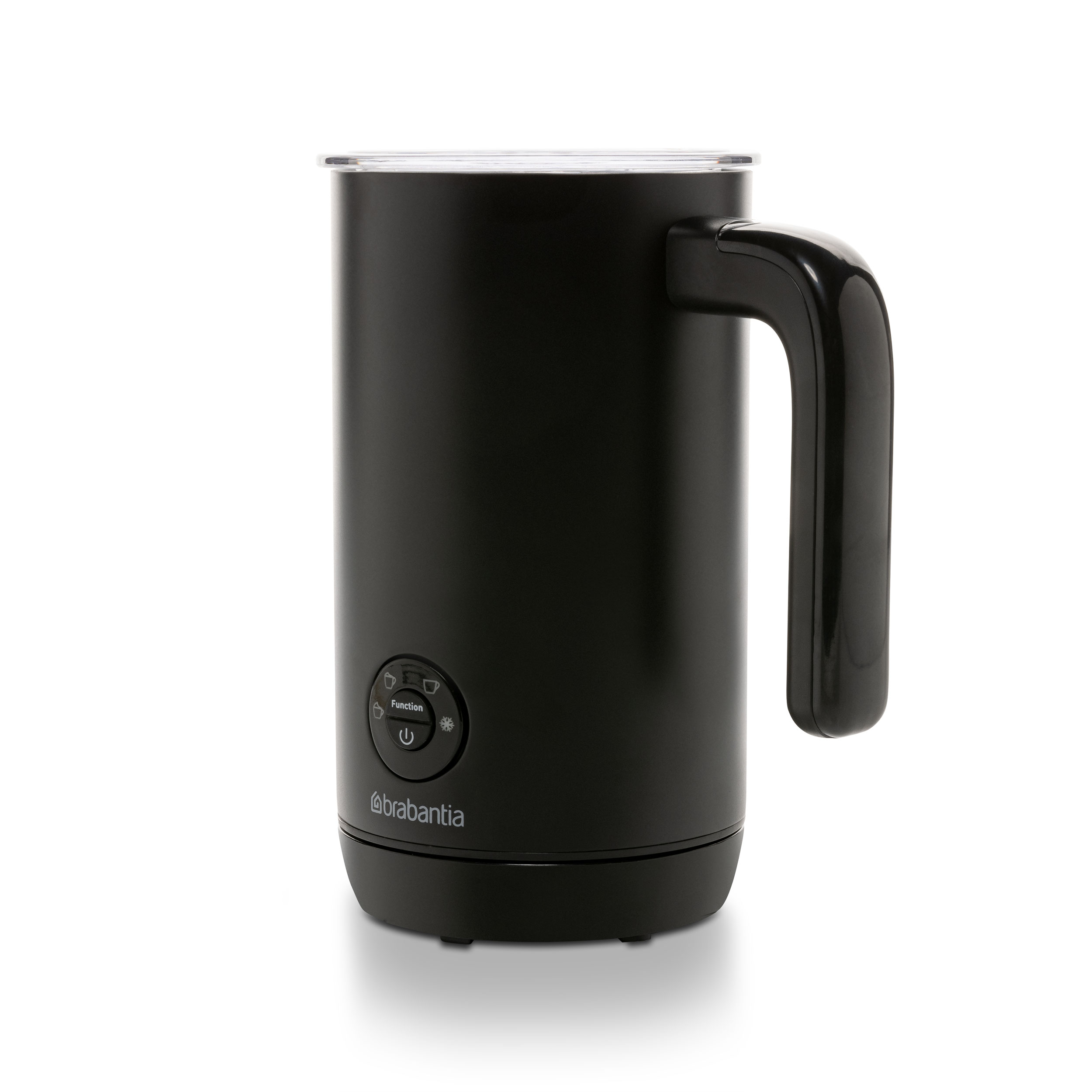 Schwarzer Milchaufschäumer mit Griff, Funktionstaste und der Marke Brabantia.