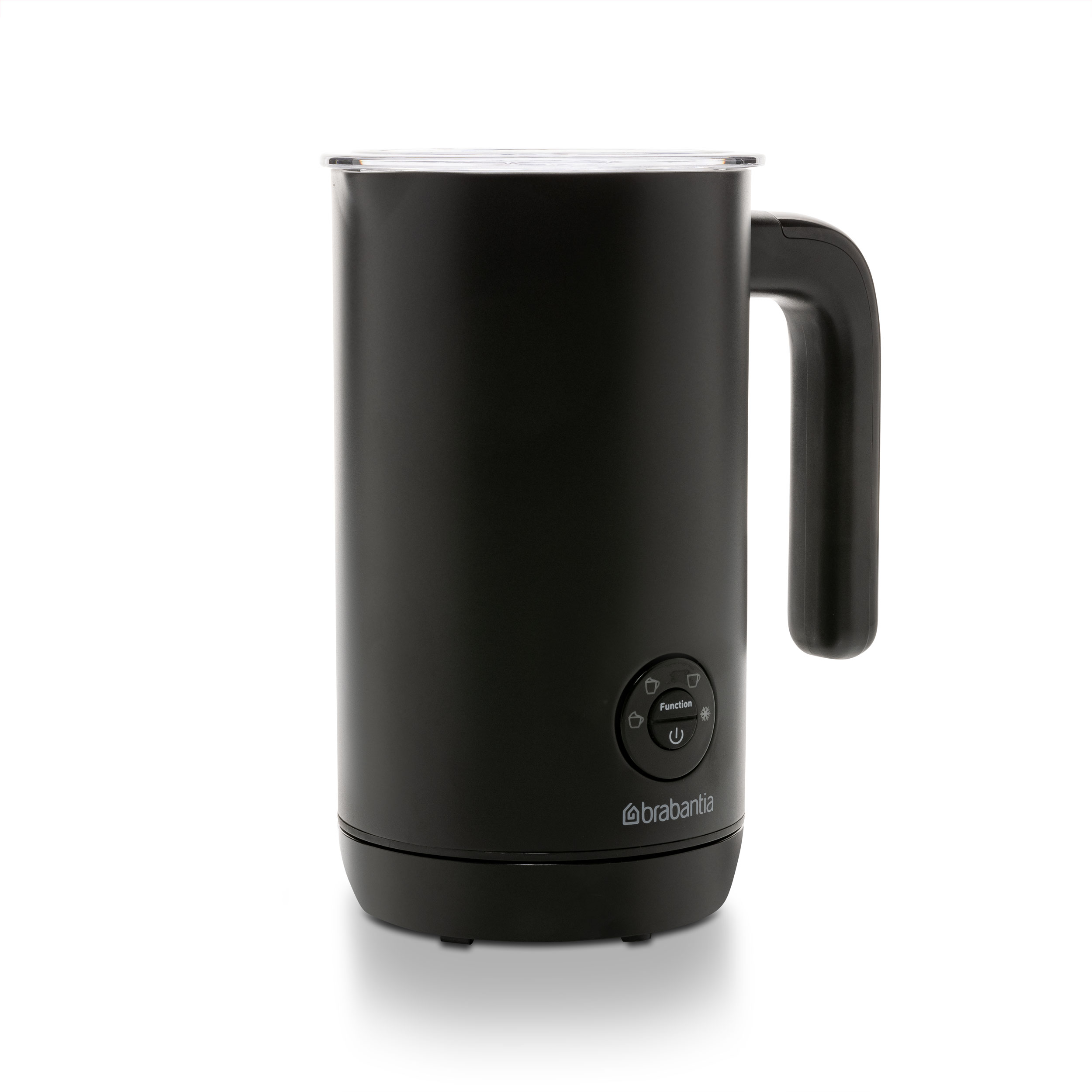 Ein schwarzer Milchaufschäumer mit Griff, Ein- und Aus-Schalter und dem Brabantia-Logo.