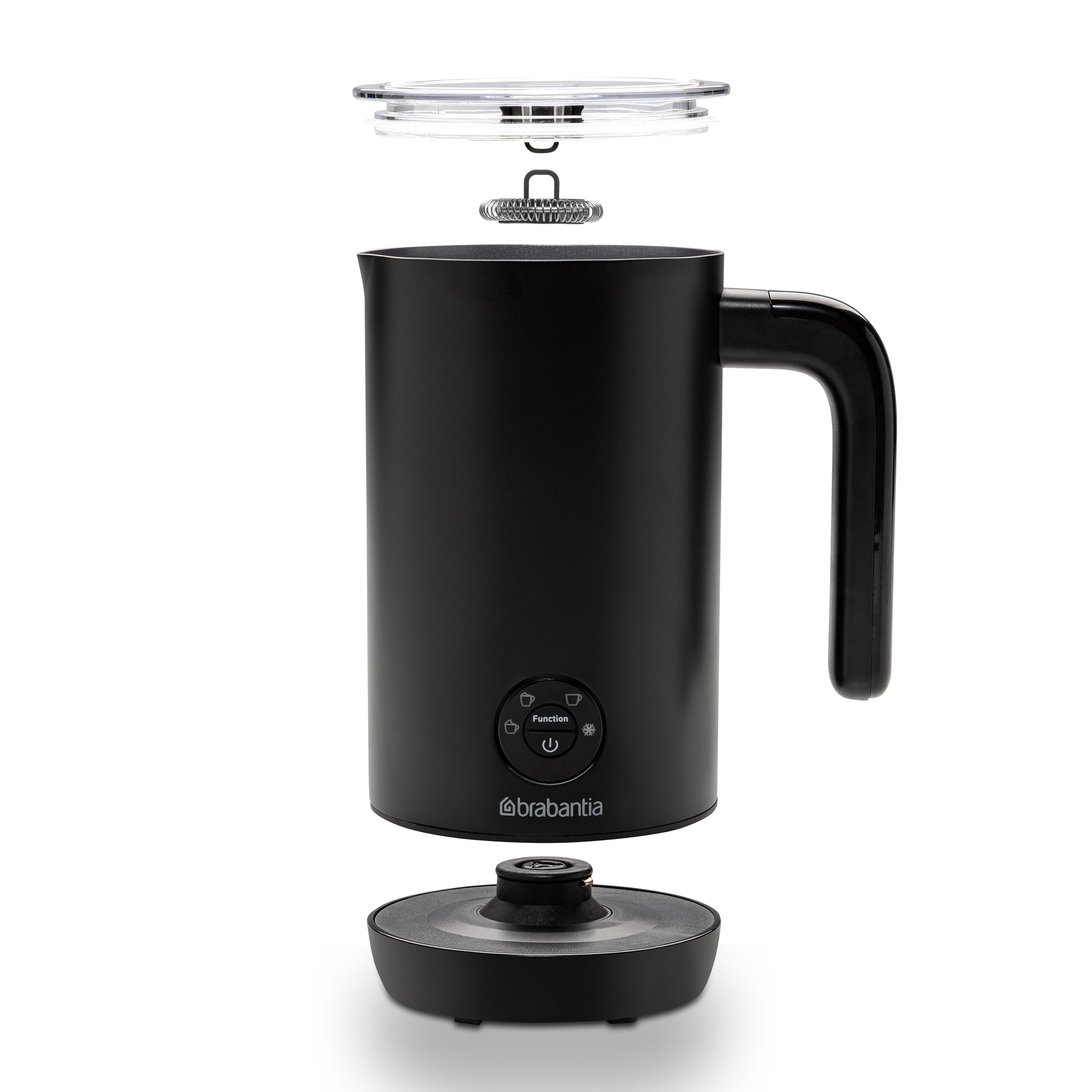 Black milk frother, disassembled, with handle, base, and lid.
