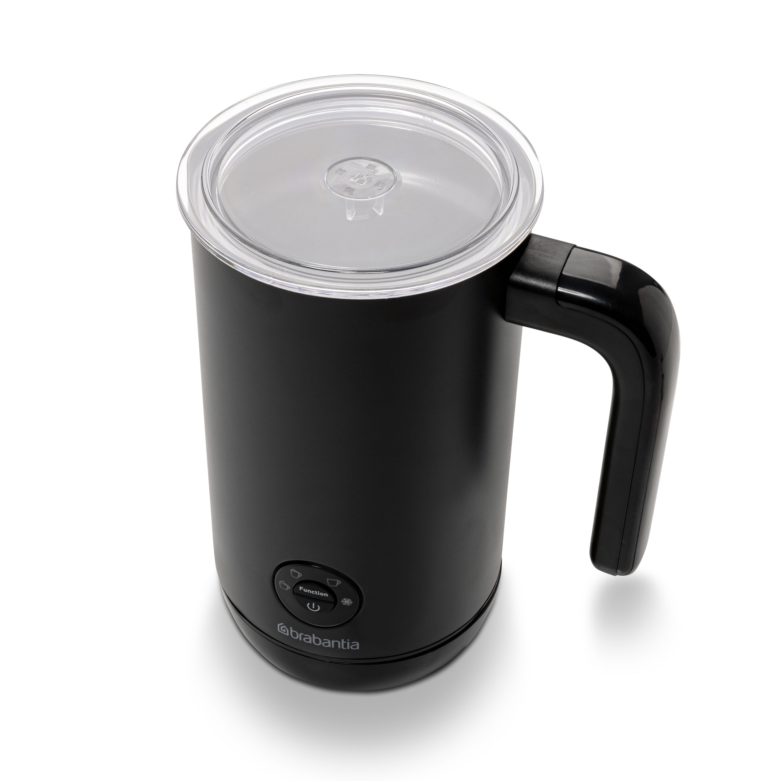 Black milk frother with a transparent lid. White background.