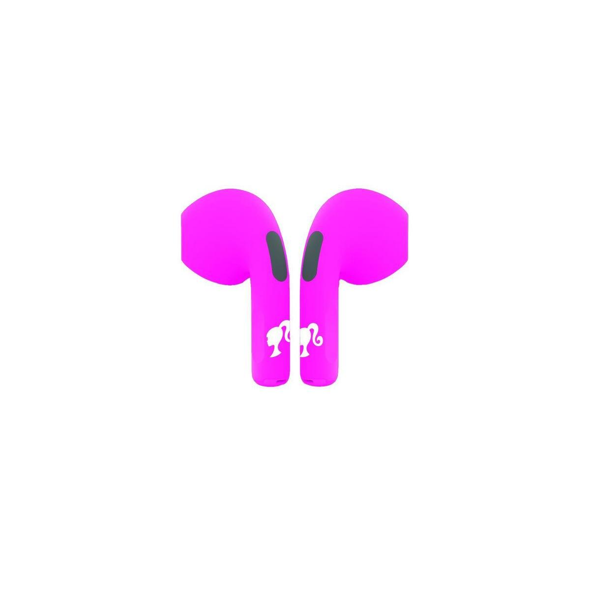 Par de auriculares rosas con un logo blanco de Barbie. Los auriculares están en un fondo blanco.