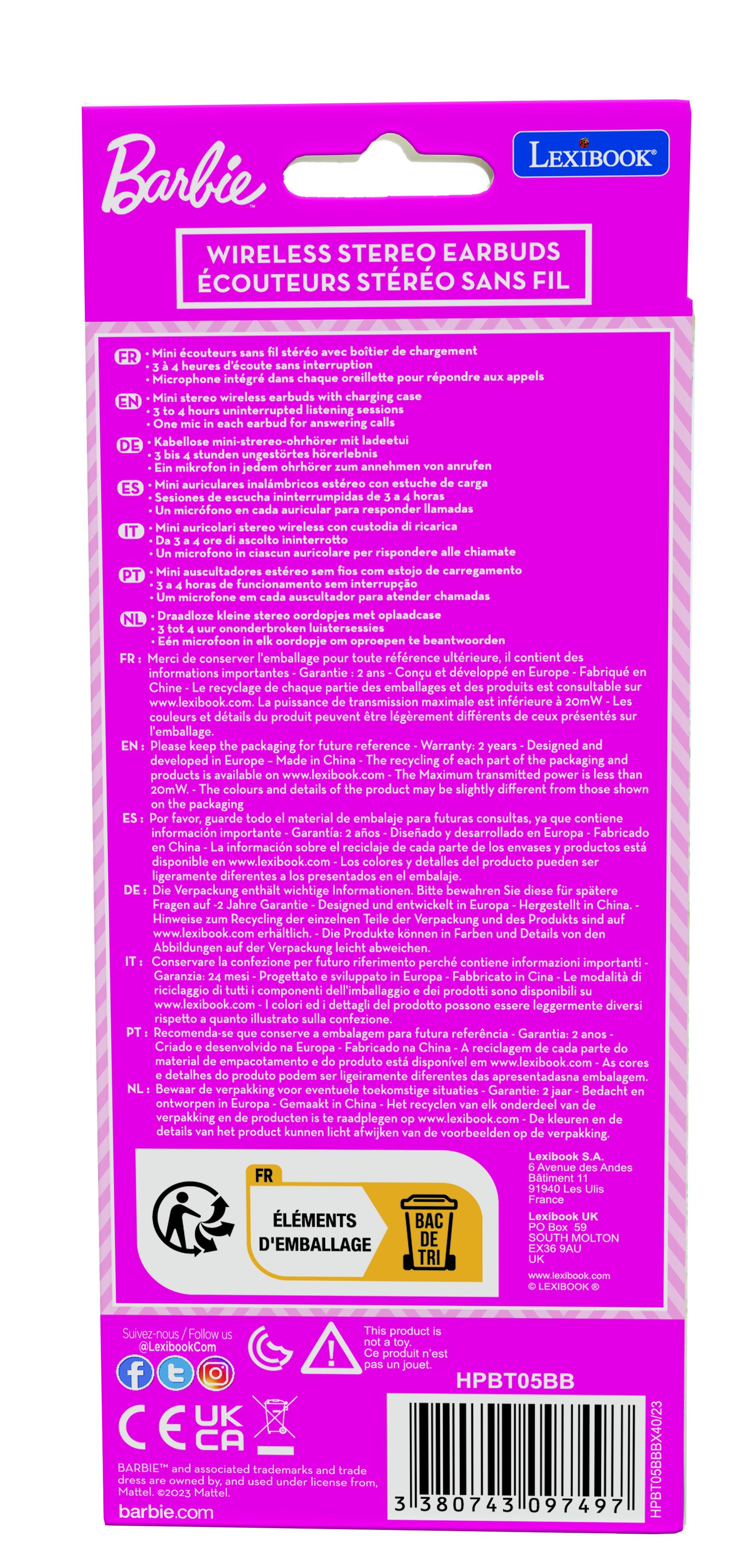 Caja rosa, embalaje de auriculares Barbie. Texto en varios idiomas. Detalles del producto.