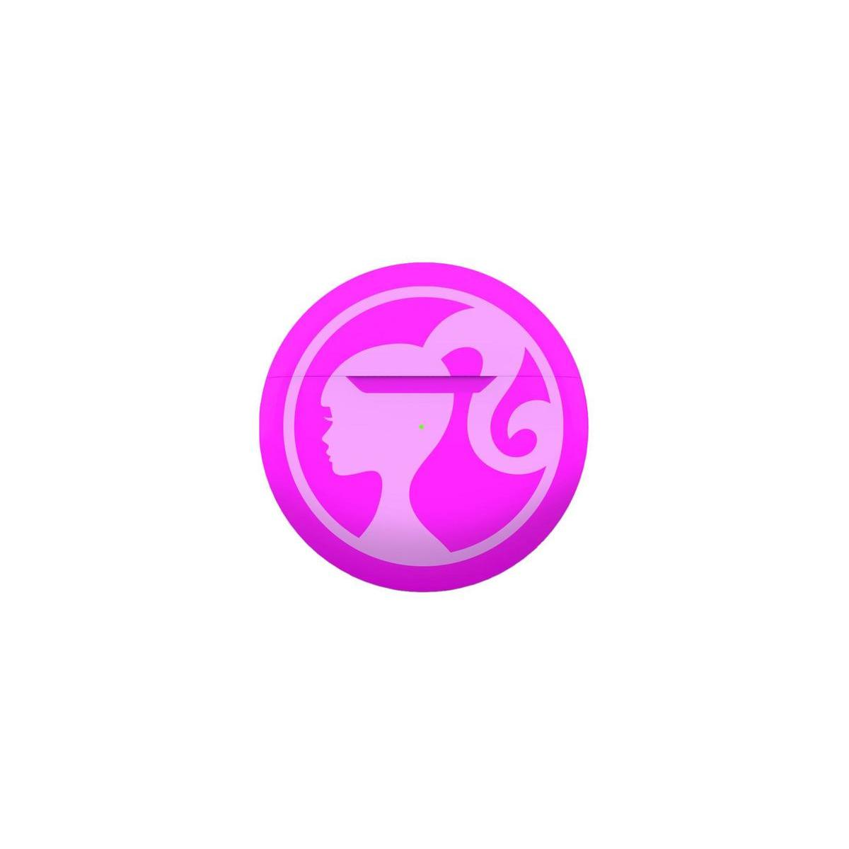 Logotipo rosa de Barbie sobre blanco. Silueta de mujer con pelo. Forma de círculo.