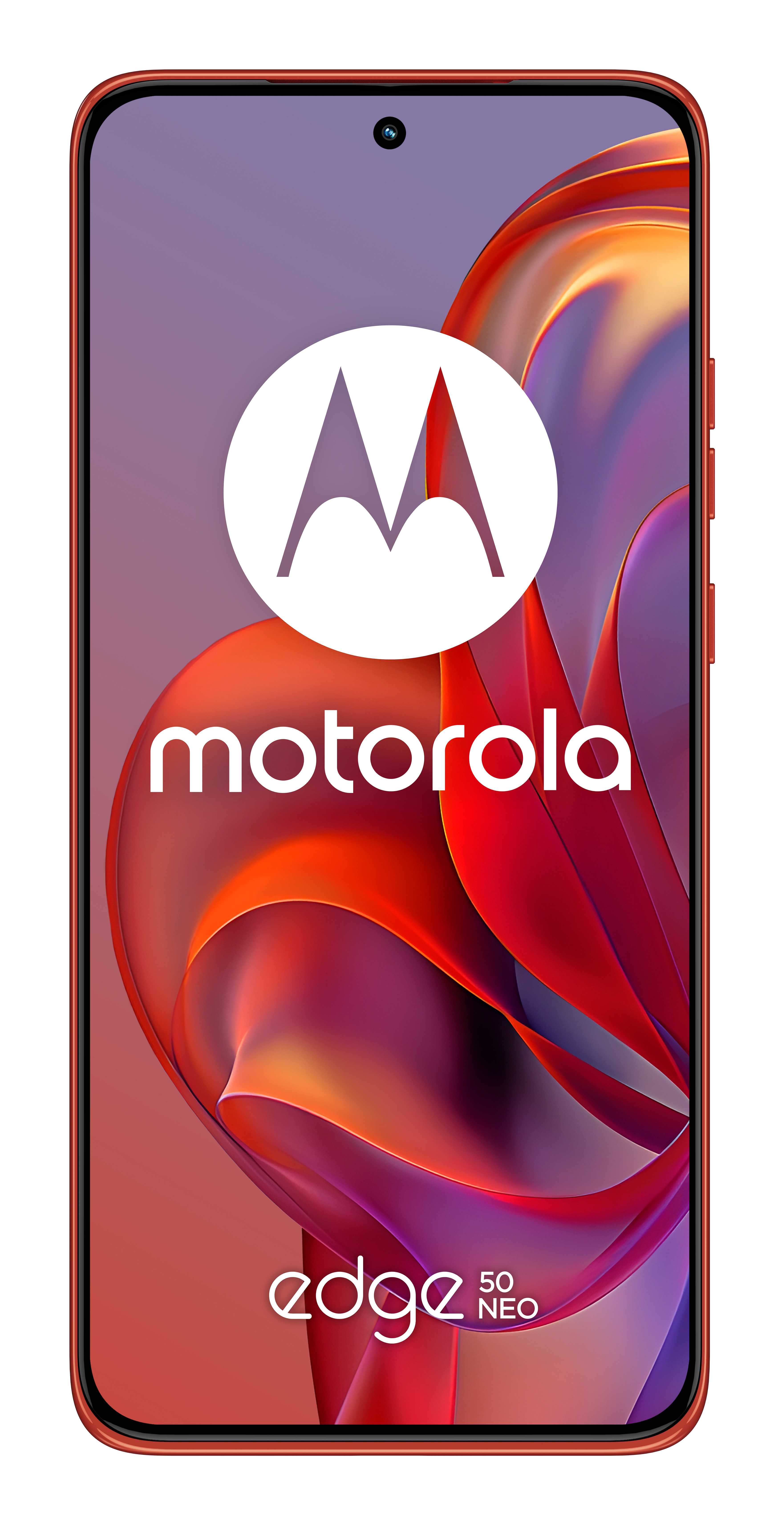Pomarańczowy telefon Motorola na białym tle. Widoczne logo Motorola i edge 50 neo.