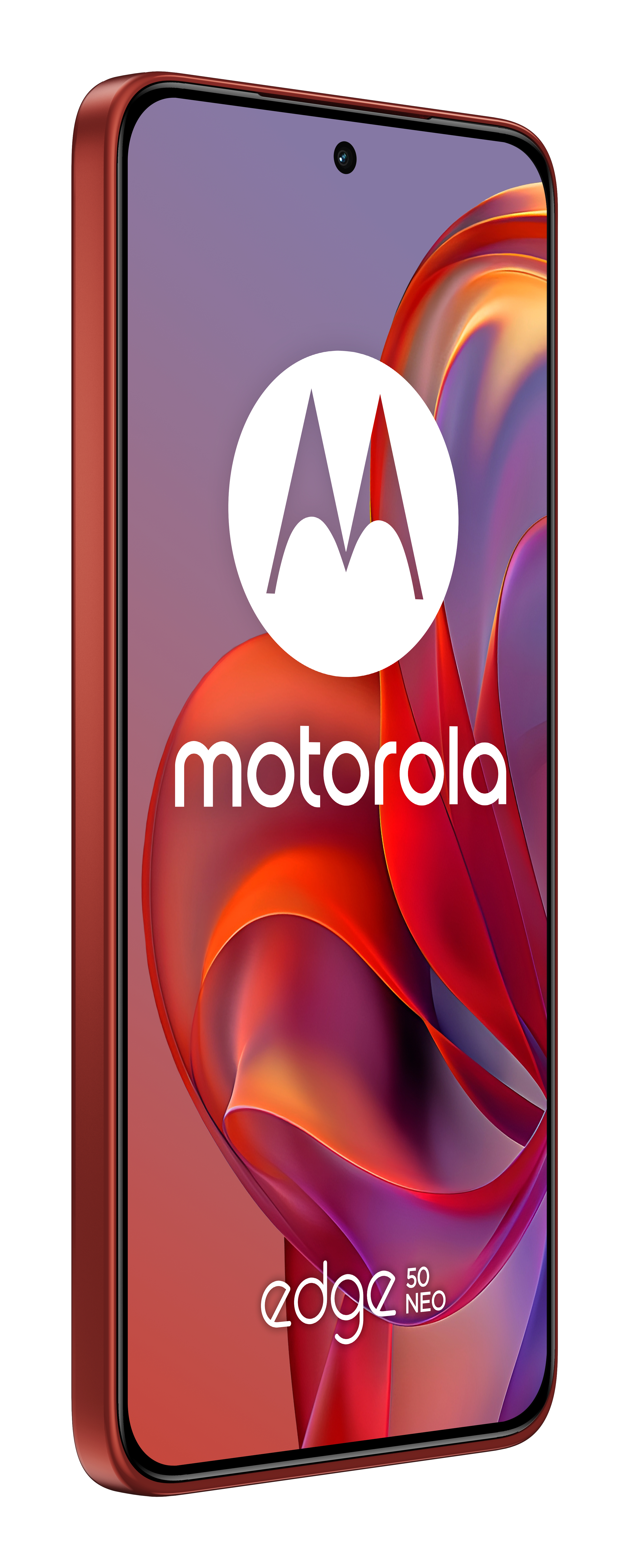 Smartfon Motorola Edge 50 Neo, czerwona ramka, białe logo. Ekran wyświetla kolorowe tło.