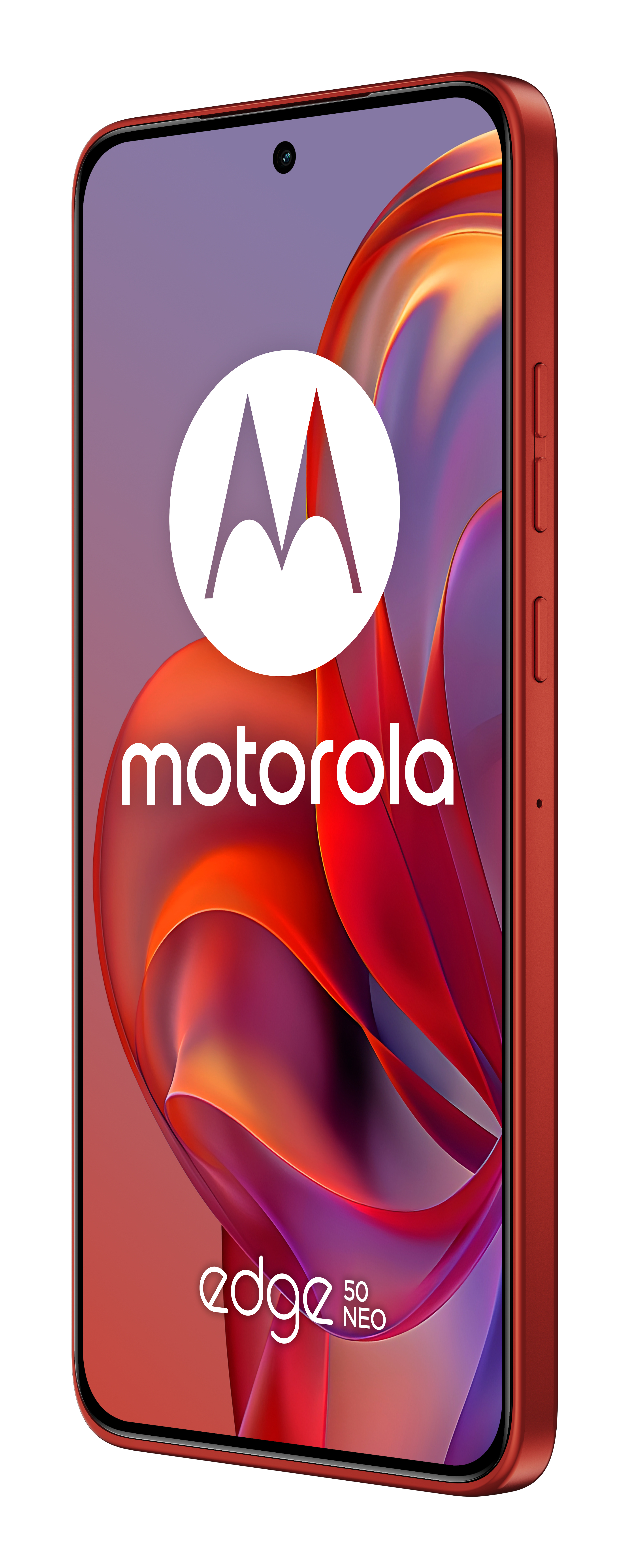 Telefon Motorola Edge 50 Neo w kolorze czerwonym, widok z boku, logo marki.