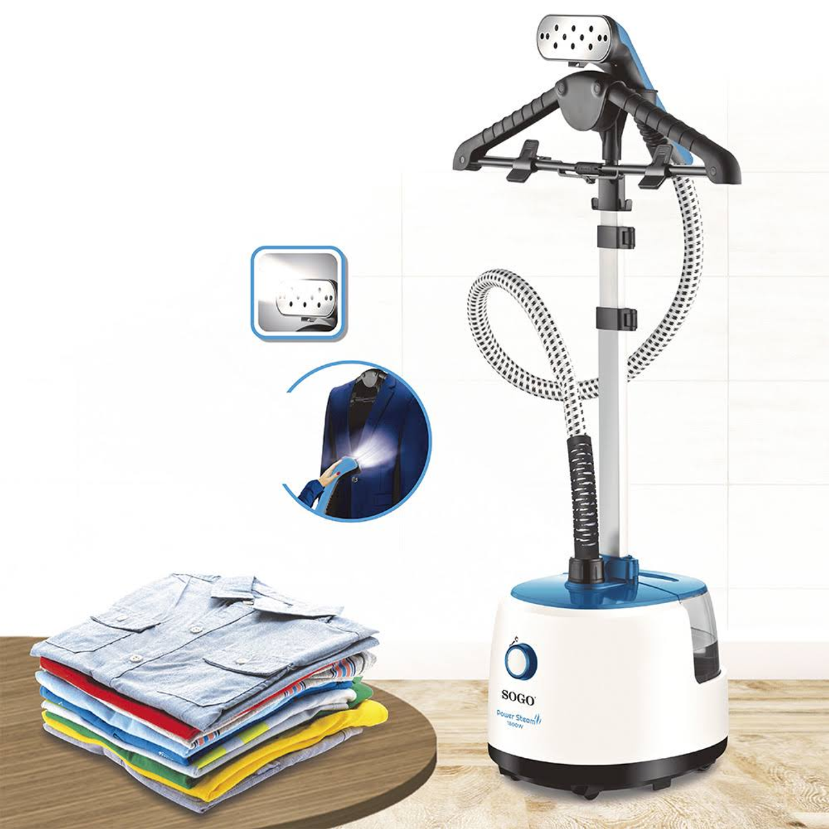 Limpiador a vapor con camisas apiladas, mostrado con diseño azul y blanco.