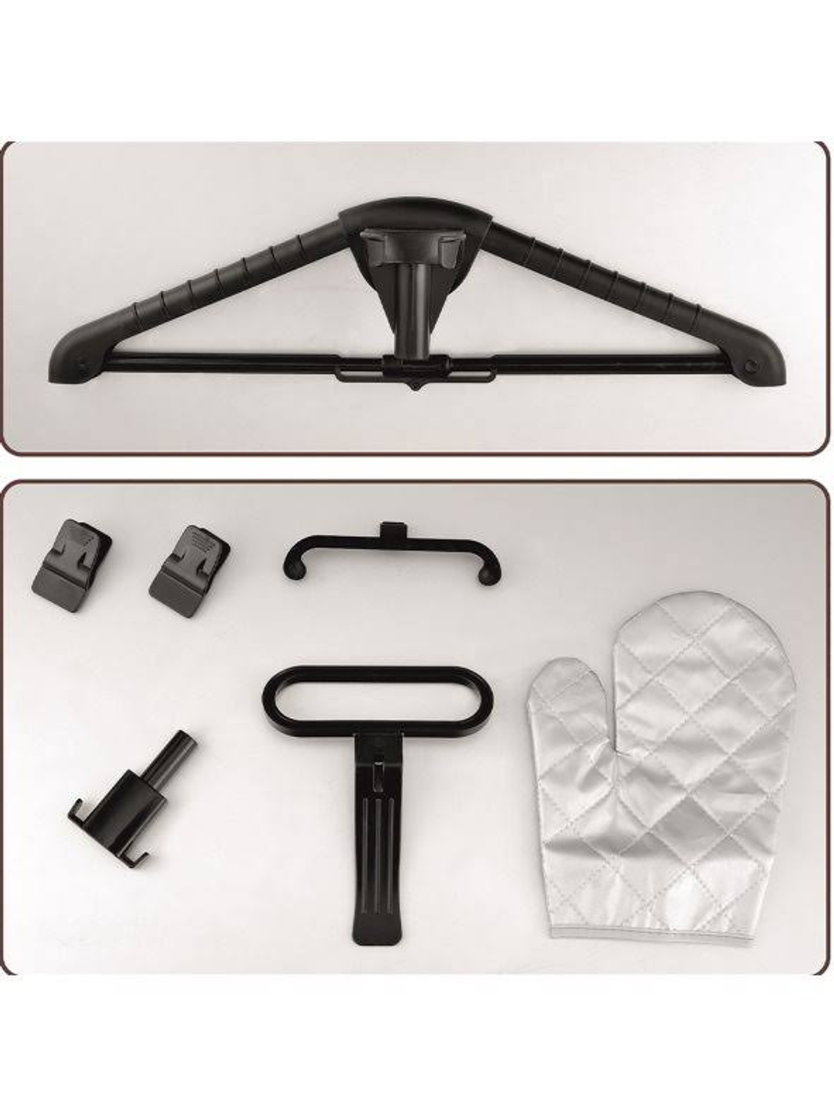 Accesorios de vaporizador de ropa negros sobre blanco. Percha, guante y otras partes.