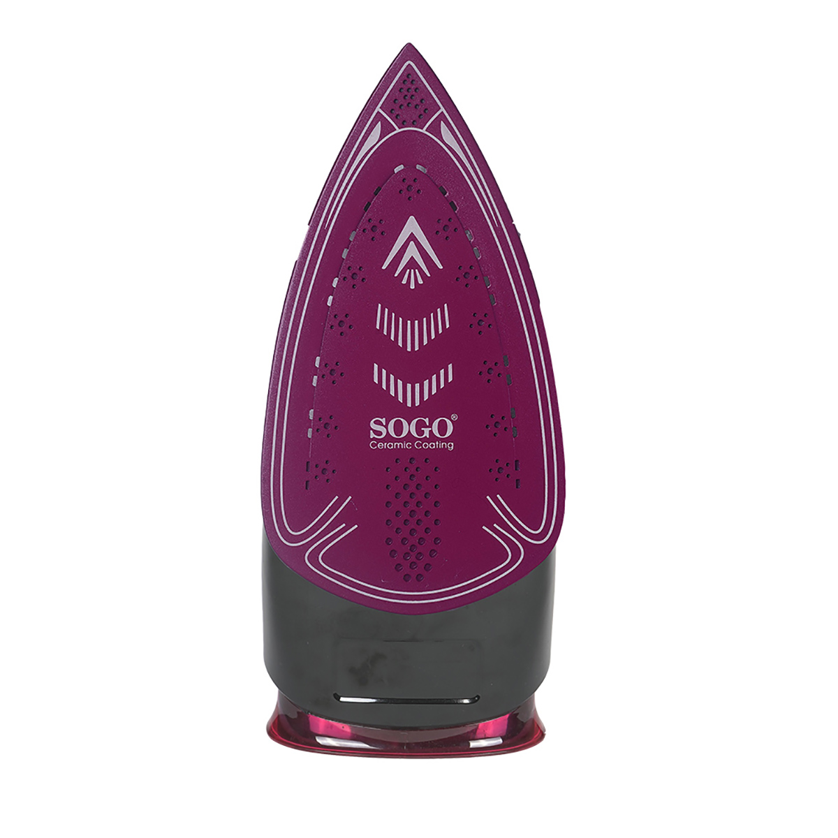 Primer plano de la suela de una plancha morada. Tiene un diseño único y es negro y morado.