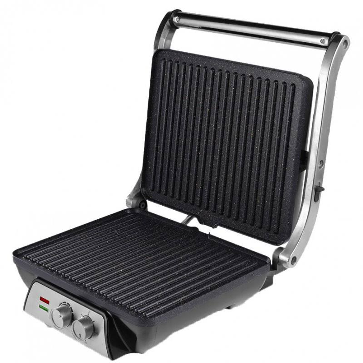 Otwarty czarny grill, srebrny uchwyt, z pokrętłami i przyciskami na dole.