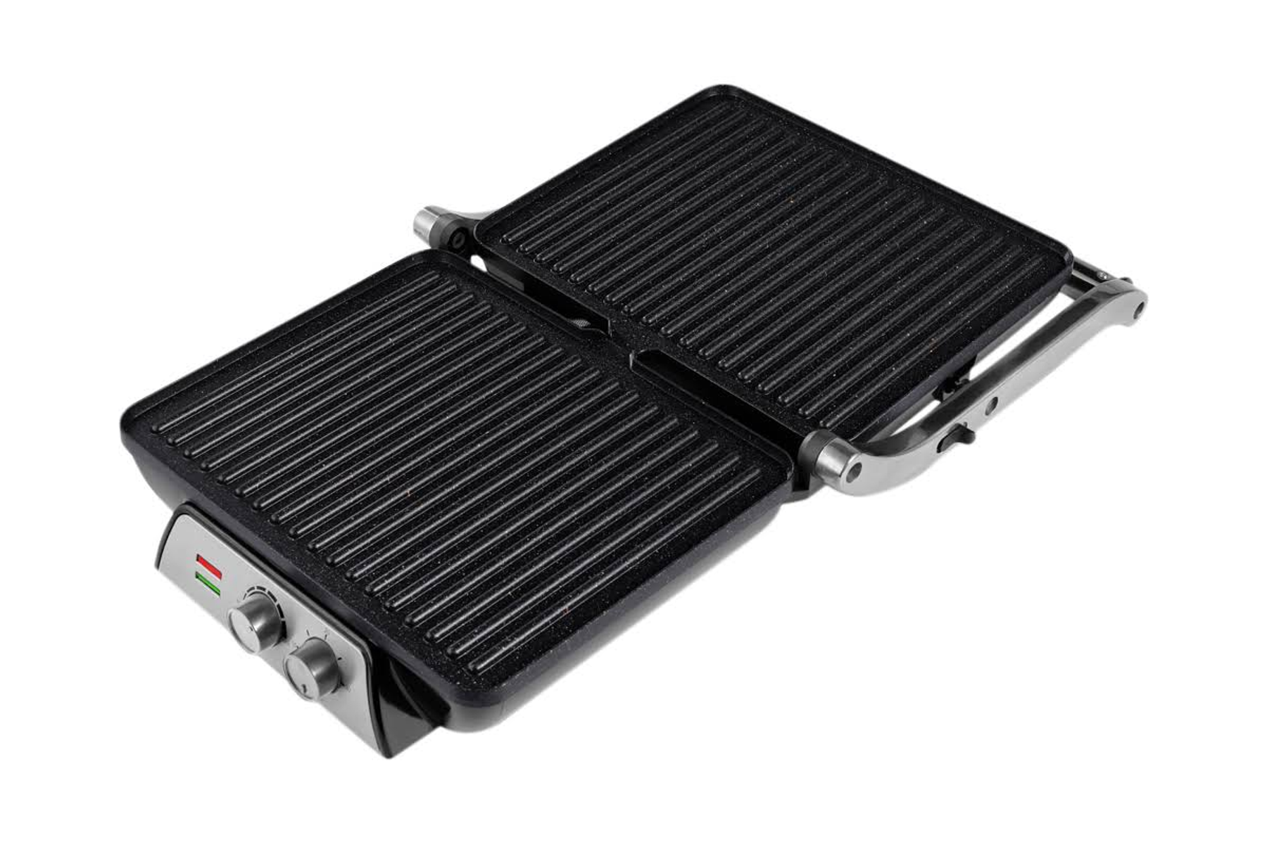 Otwarta, czarna prasa do panini na białym tle, z widocznymi kontrolkami.