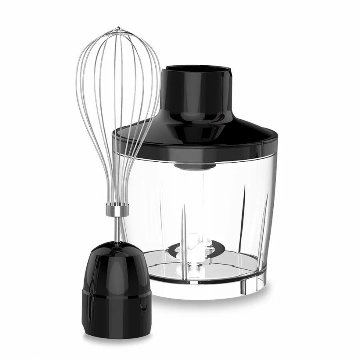 Batidora de mano con accesorio de batidor. Componentes negros y transparentes.