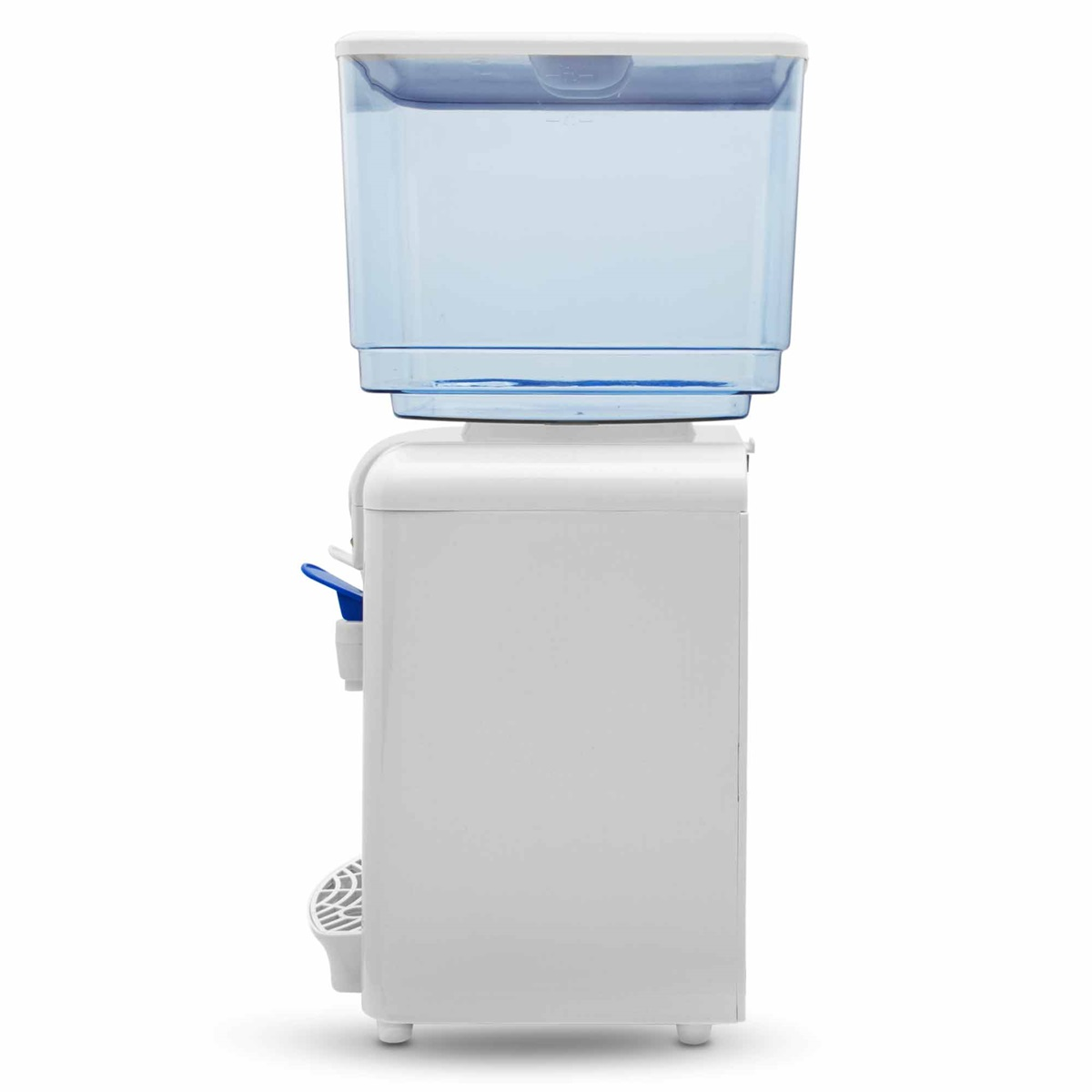 Enfriador de agua blanco con recipiente azul, sobre fondo blanco.